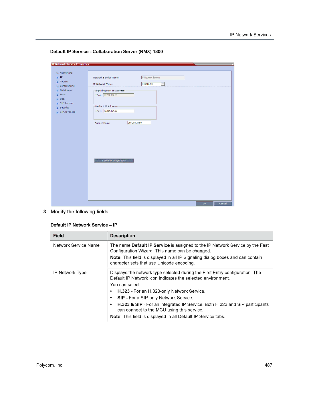 Polycom 1500/1800/2000/4000 Default IP Service Collaboration Server RMX, Default IP Network Service IP Field Description 