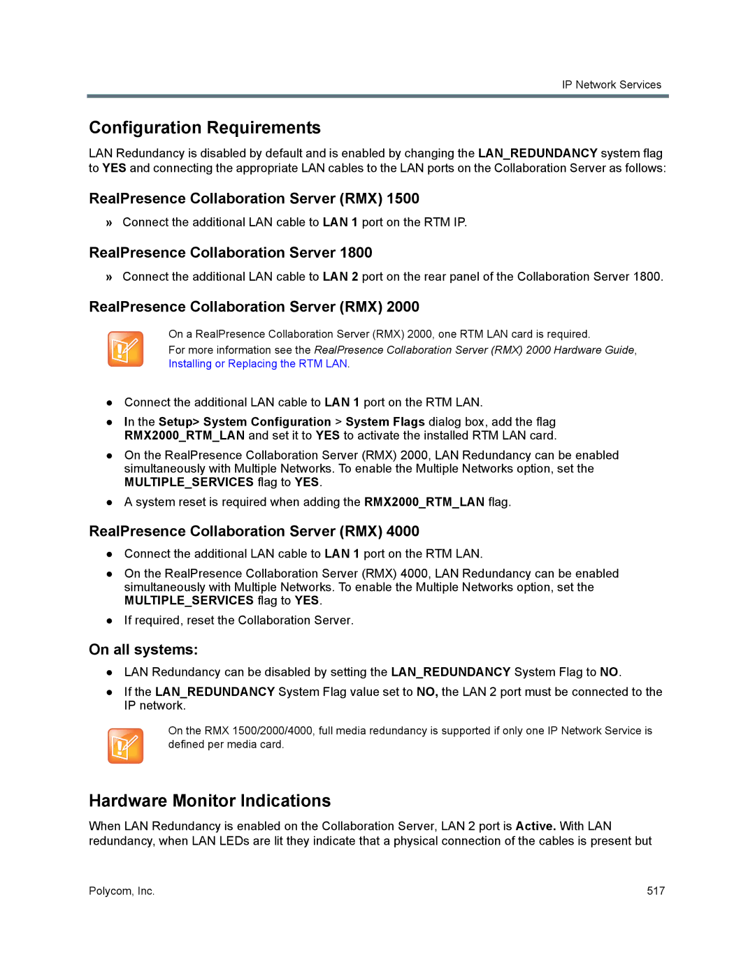 Polycom 1500/1800/2000/4000 Configuration Requirements, Hardware Monitor Indications, RealPresence Collaboration Server 