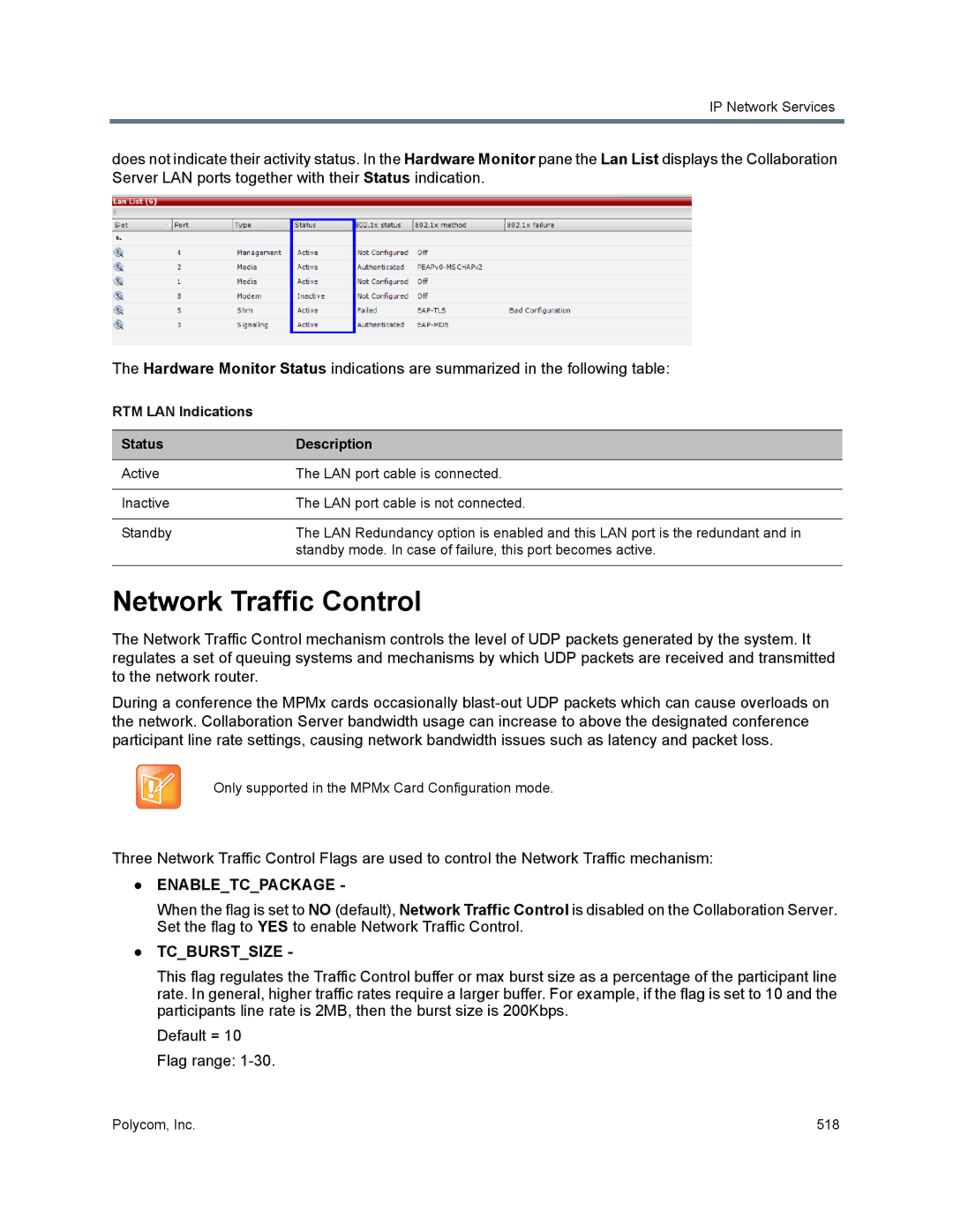 Polycom 1500/1800/2000/4000 manual Network Traffic Control, RTM LAN Indications Status Description 