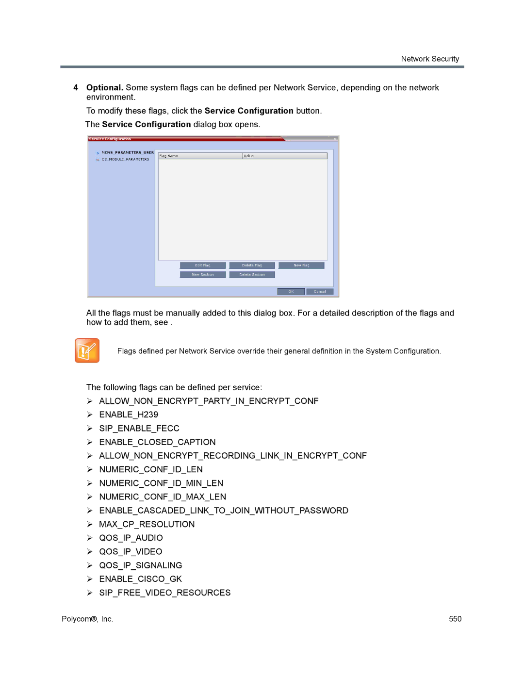 Polycom 1500/1800/2000/4000 manual Service Configuration dialog box opens, Following flags can be defined per service 