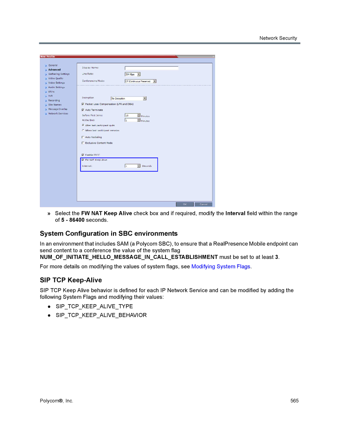 Polycom 1500/1800/2000/4000 manual System Configuration in SBC environments, SIP TCP Keep-Alive 