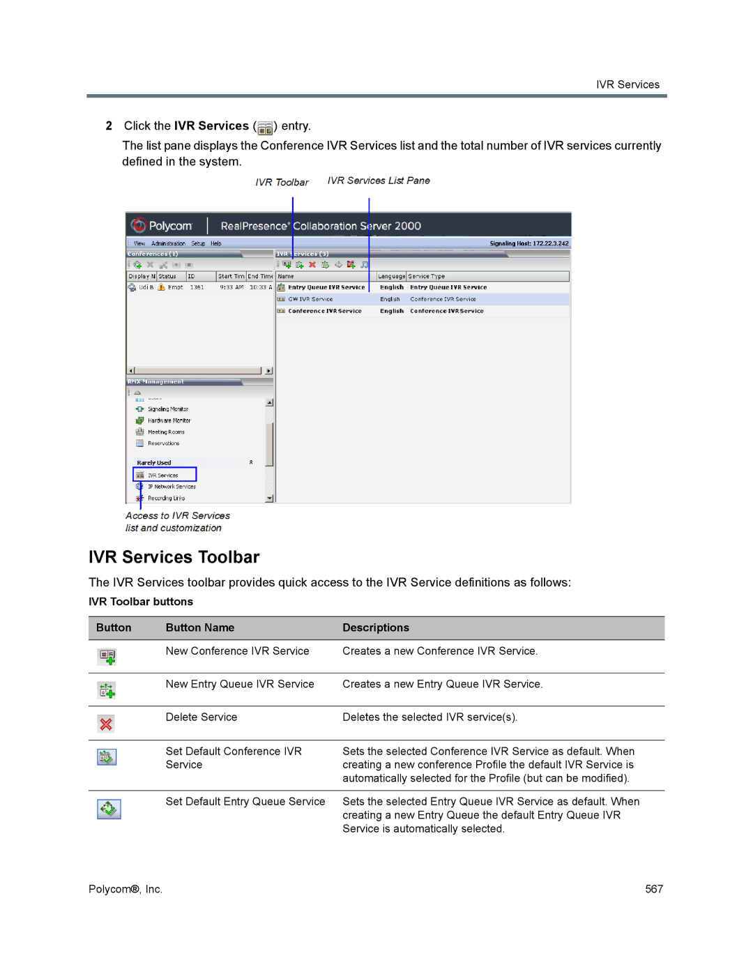 Polycom 1500/1800/2000/4000 manual IVR Services Toolbar, IVR Toolbar buttons Button Button Name Descriptions 