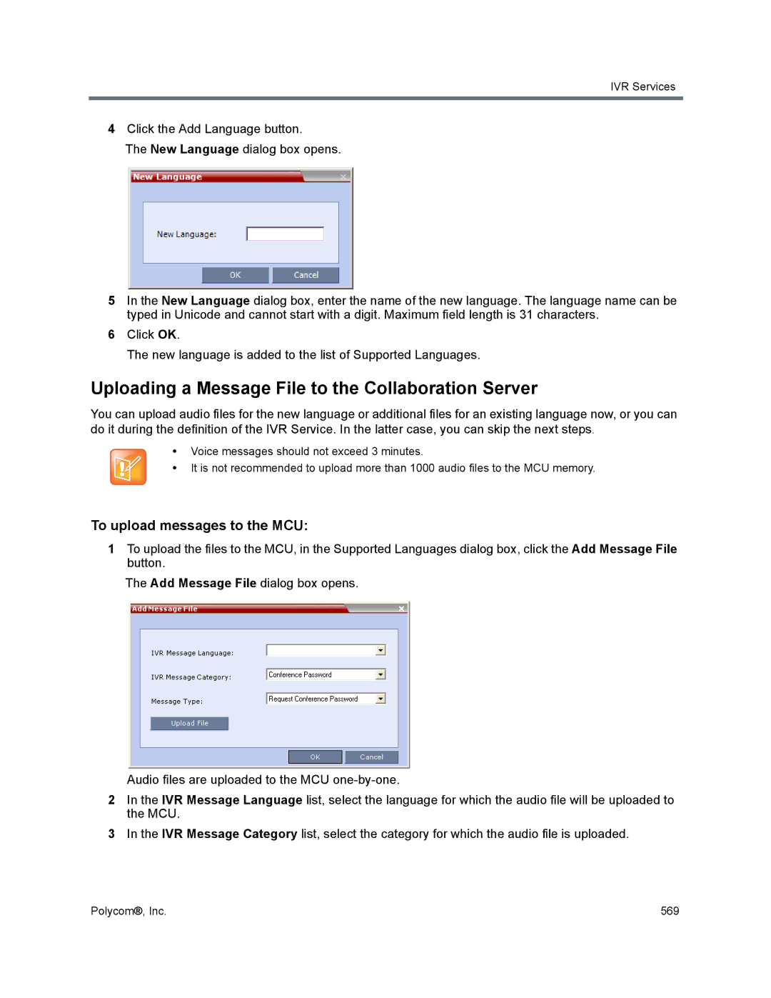 Polycom 1500/1800/2000/4000 manual Uploading a Message File to the Collaboration Server, To upload messages to the MCU 