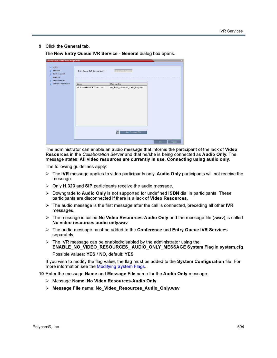 Polycom 1500/1800/2000/4000 manual Click the General tab, New Entry Queue IVR Service General dialog box opens 