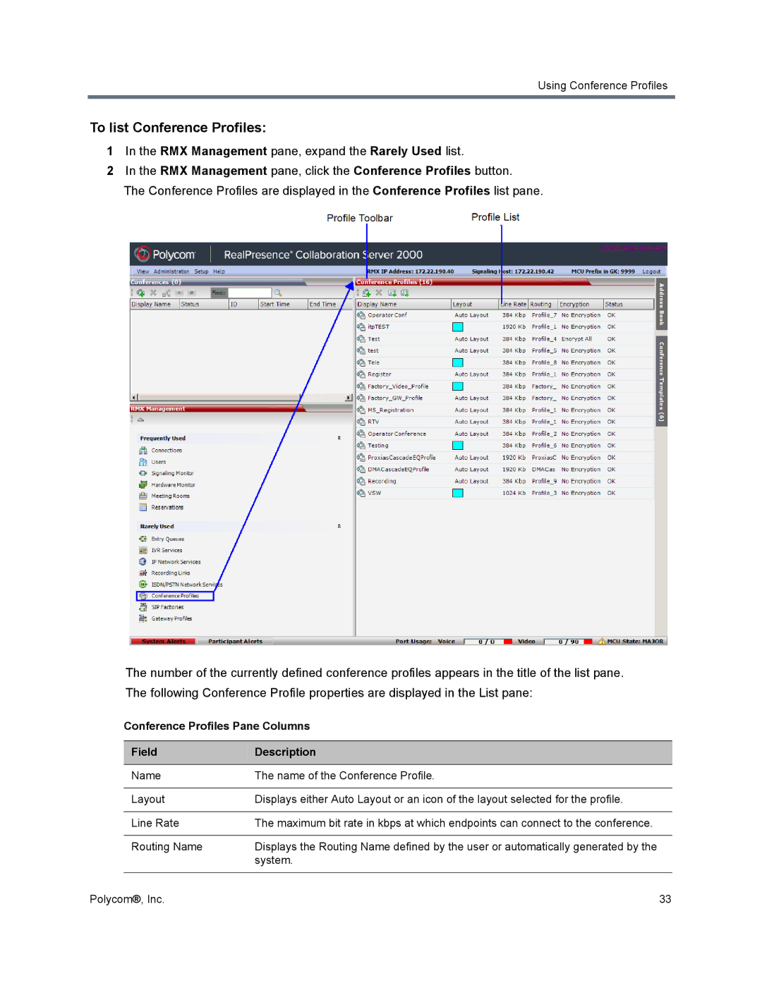 Polycom 1500/1800/2000/4000 manual To list Conference Profiles, RMX Management pane, expand the Rarely Used list 