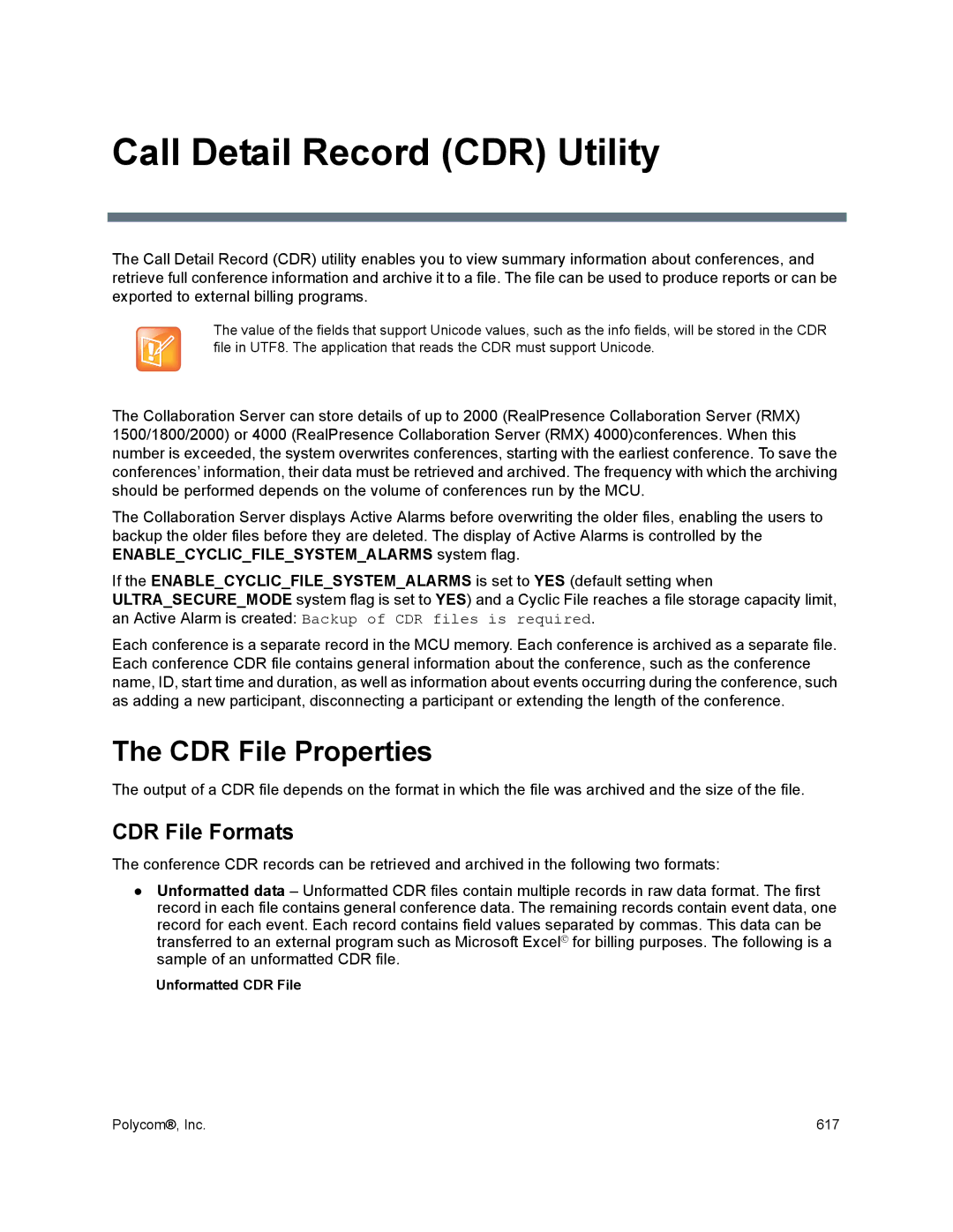 Polycom 1500/1800/2000/4000 Call Detail Record CDR Utility, CDR File Properties, CDR File Formats, Unformatted CDR File 