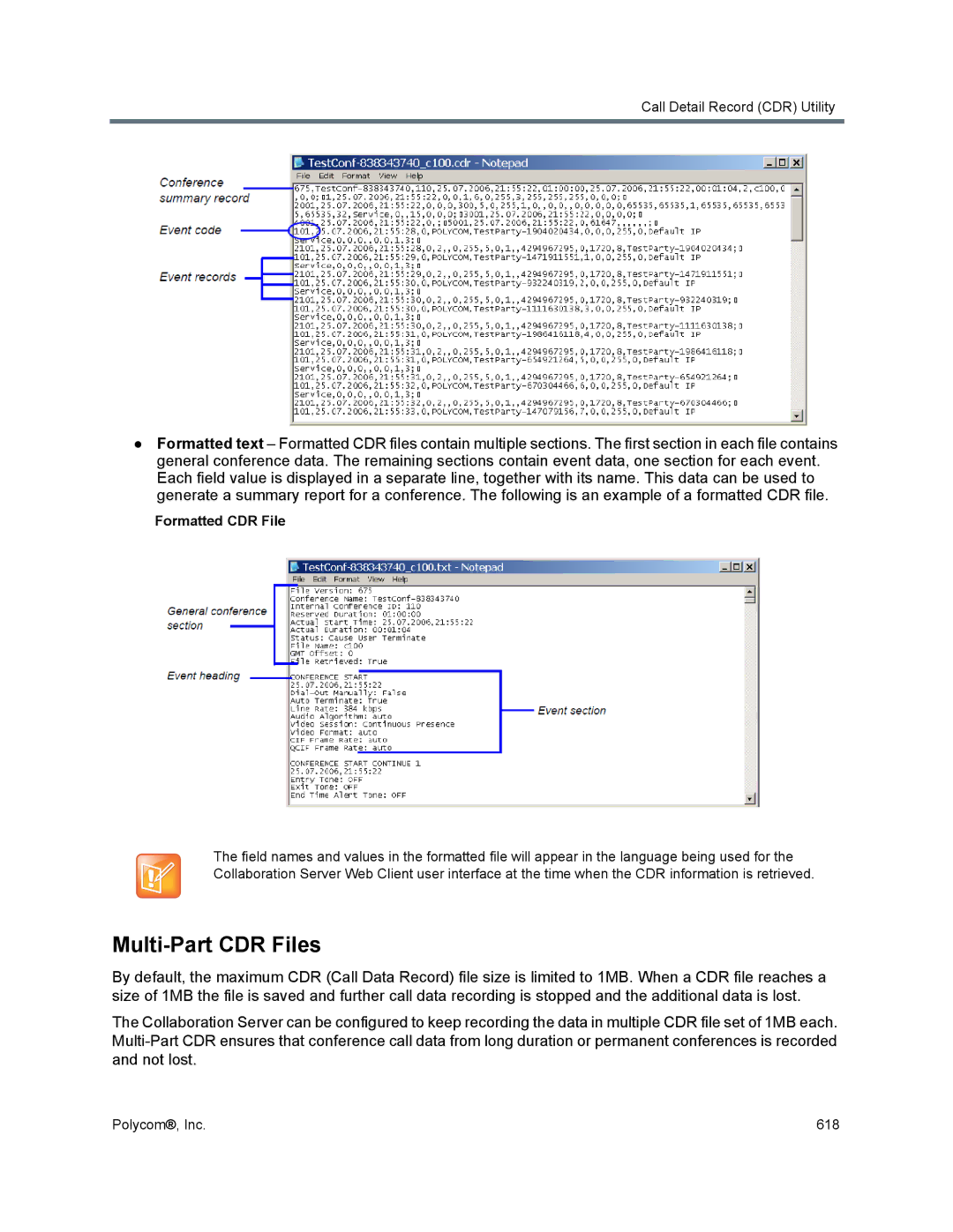 Polycom 1500/1800/2000/4000 manual Multi-Part CDR Files, Formatted CDR File 