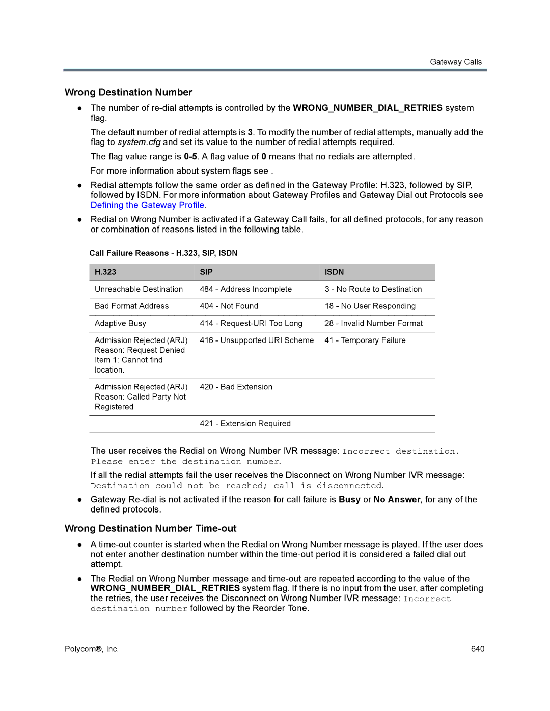Polycom 1500/1800/2000/4000 manual Wrong Destination Number Time-out, Call Failure Reasons H.323, SIP, Isdn 