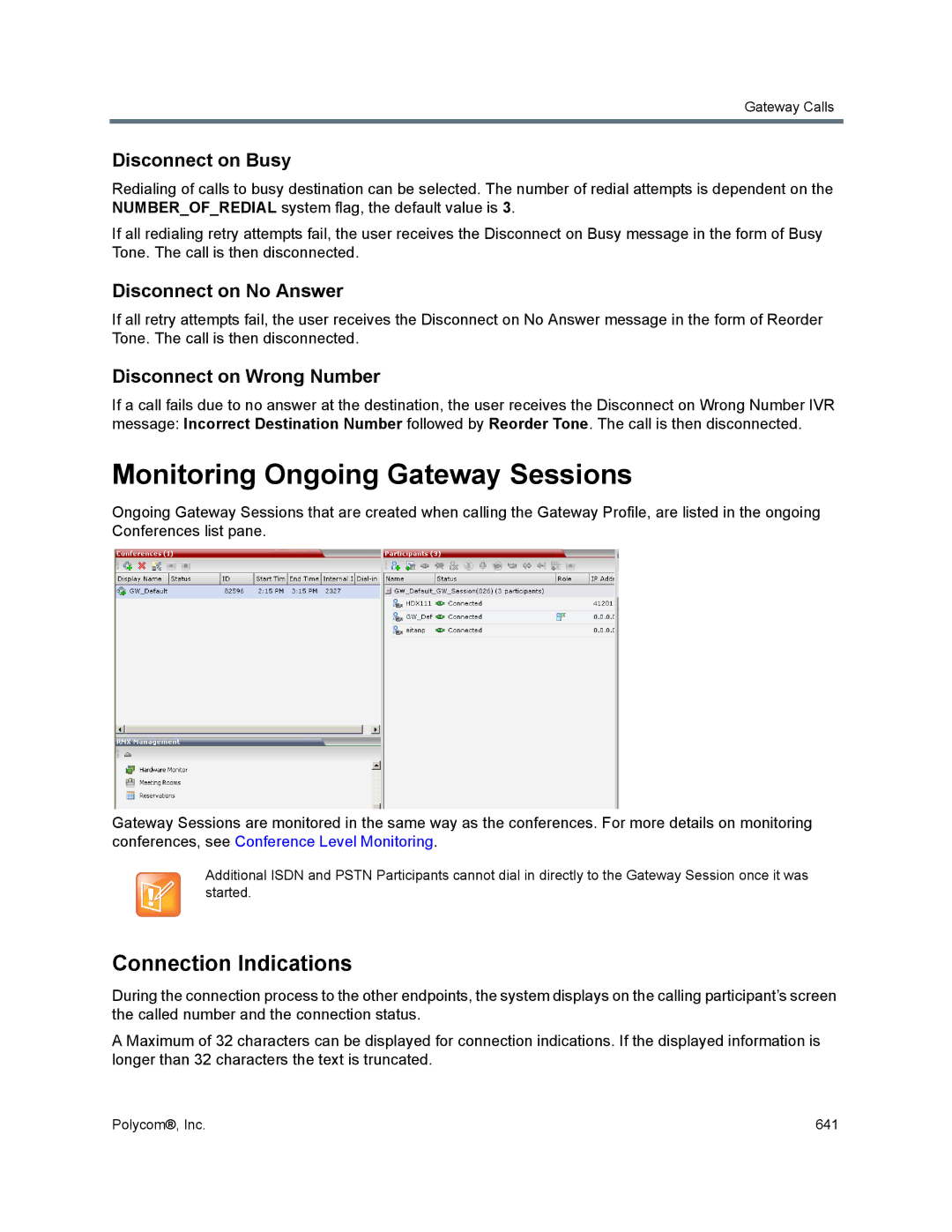 Polycom 1500/1800/2000/4000 manual Monitoring Ongoing Gateway Sessions, Connection Indications, Disconnect on Busy 