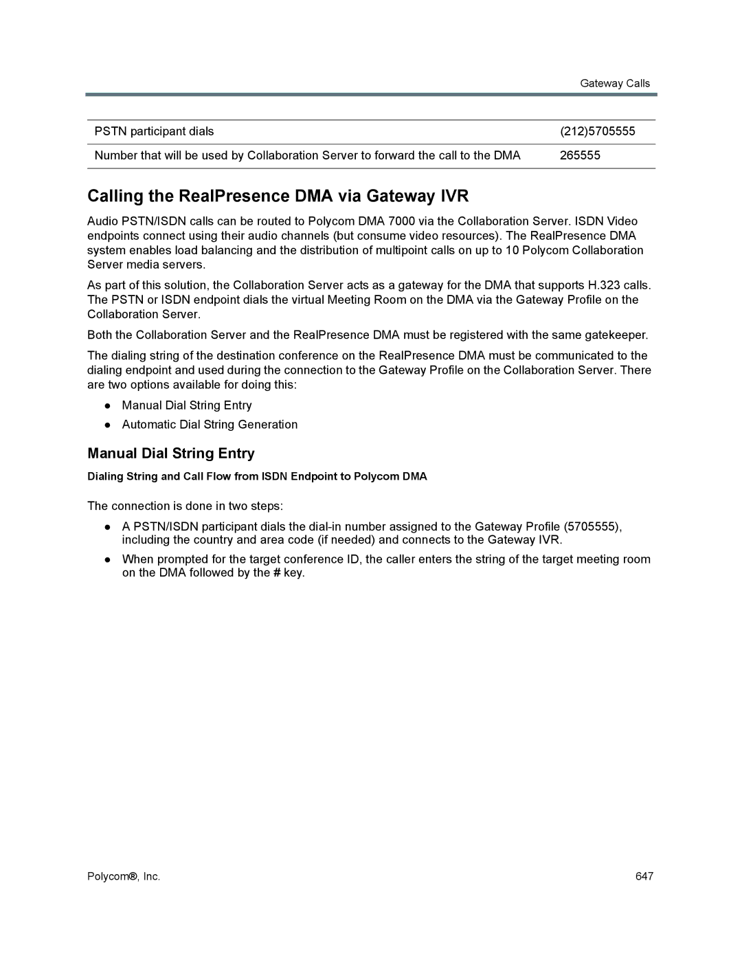 Polycom 1500/1800/2000/4000 manual Calling the RealPresence DMA via Gateway IVR, Manual Dial String Entry 