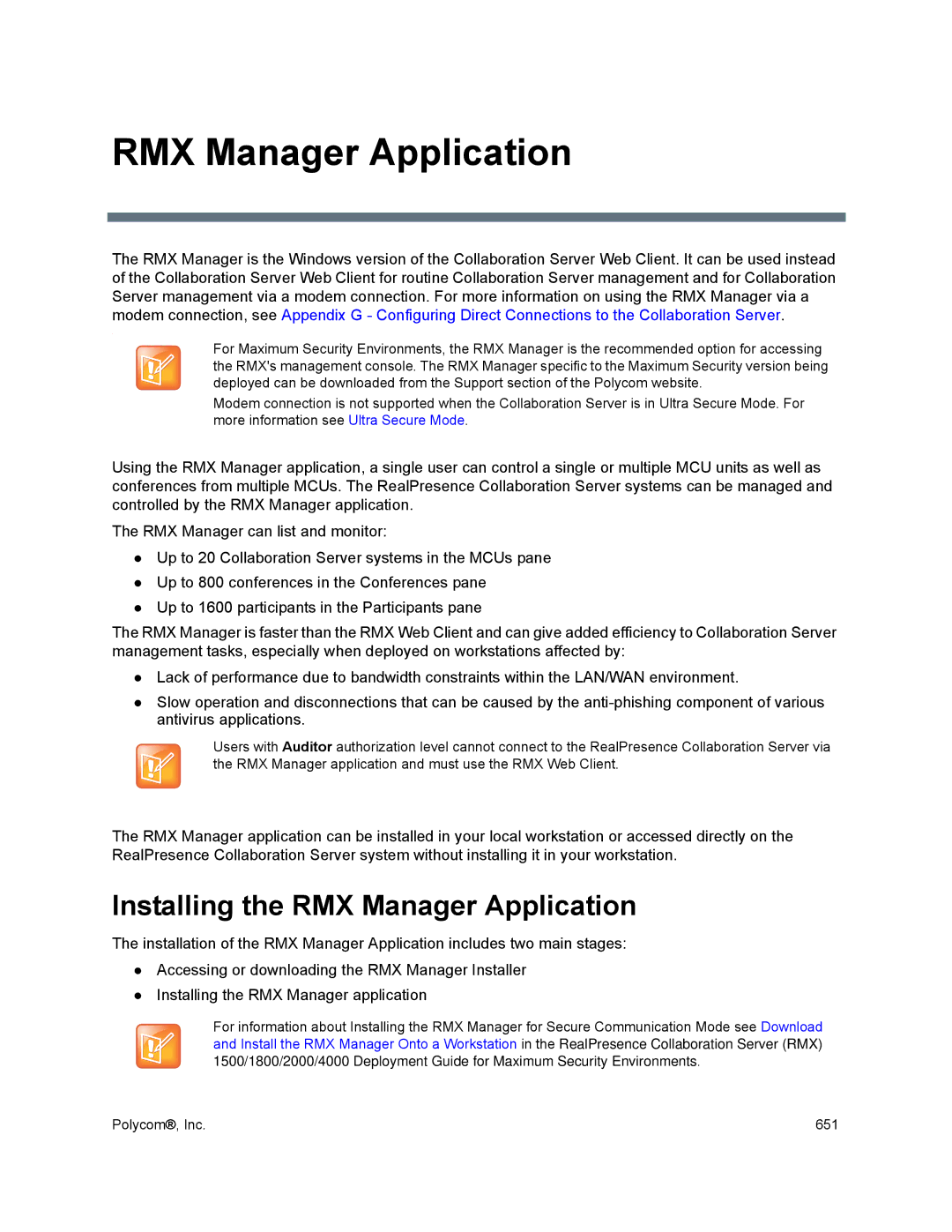 Polycom 1500/1800/2000/4000 manual Installing the RMX Manager Application 