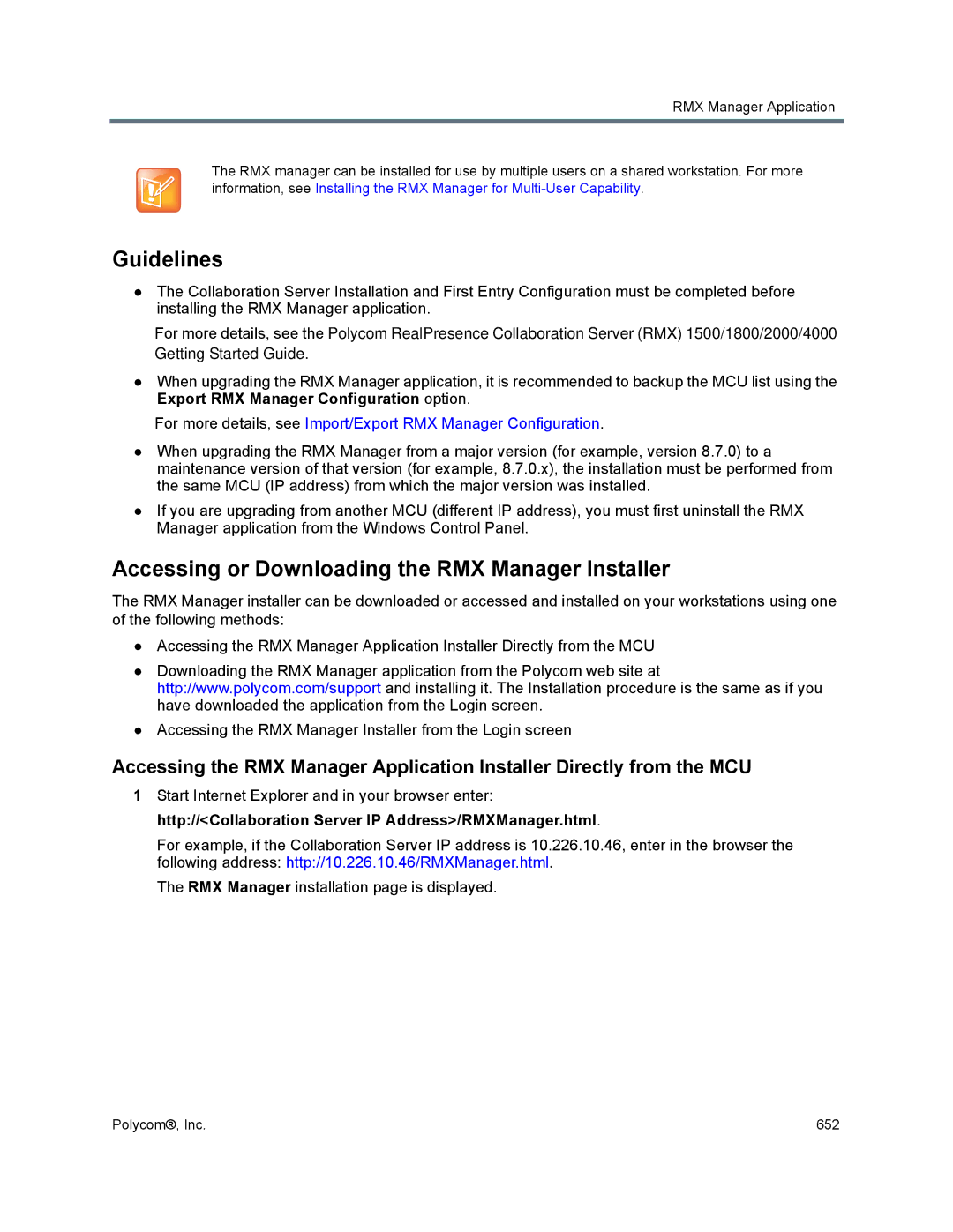Polycom 1500/1800/2000/4000 manual Guidelines, Accessing or Downloading the RMX Manager Installer 