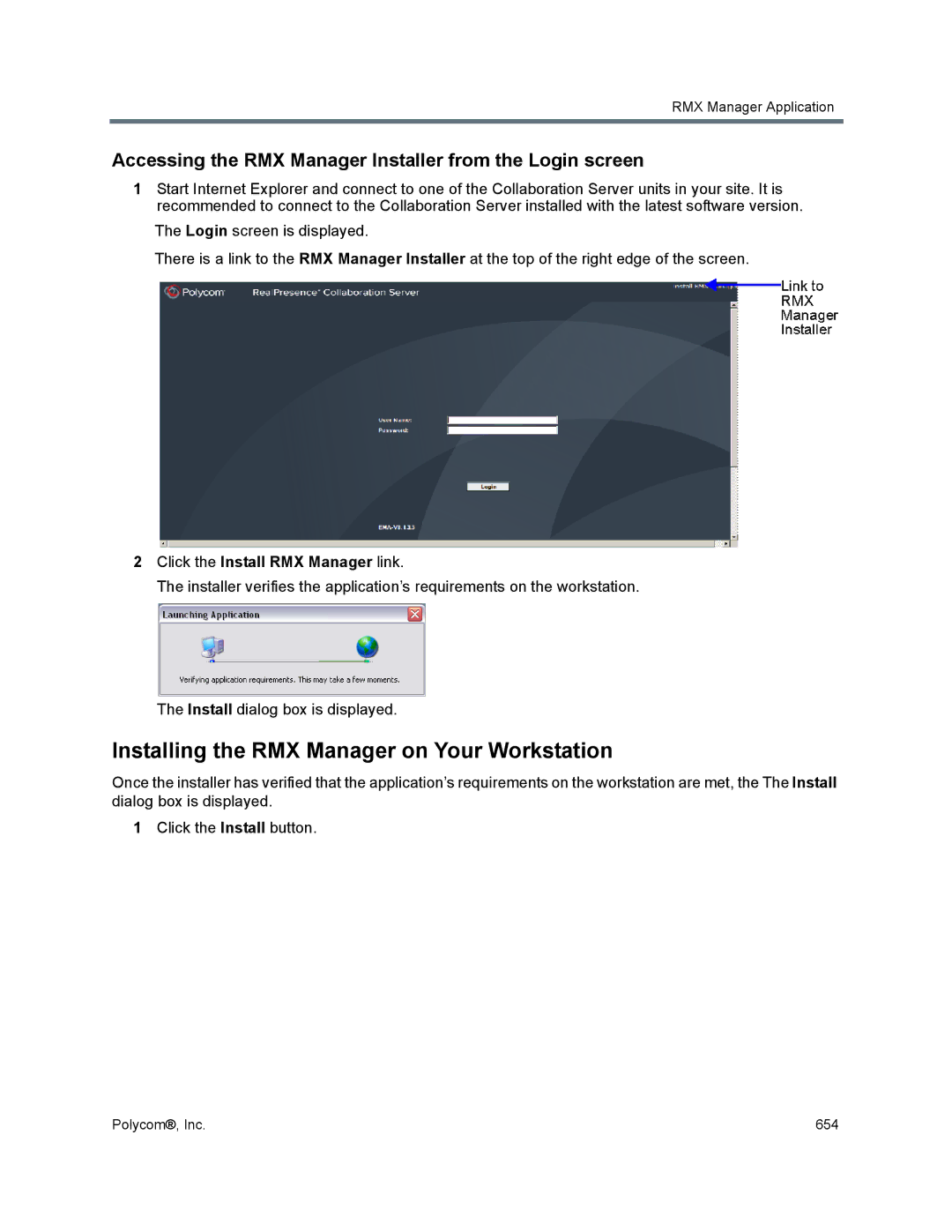 Polycom 1500/1800/2000/4000 manual Installing the RMX Manager on Your Workstation, Click the Install RMX Manager link 