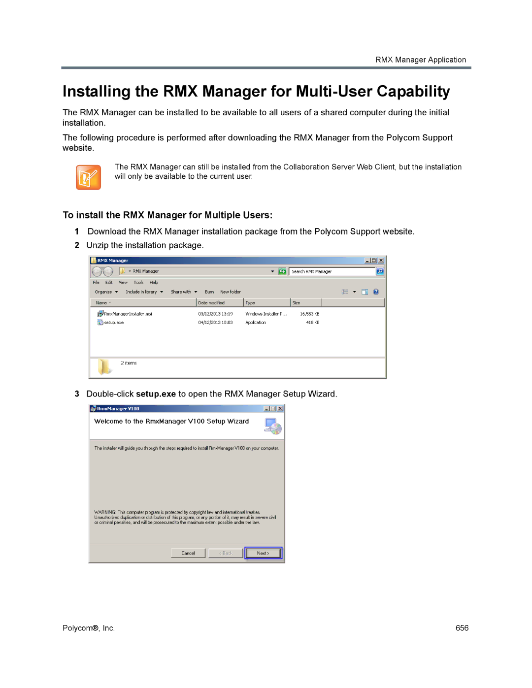 Polycom 1500/1800/2000/4000 manual Installing the RMX Manager for Multi-User Capability 