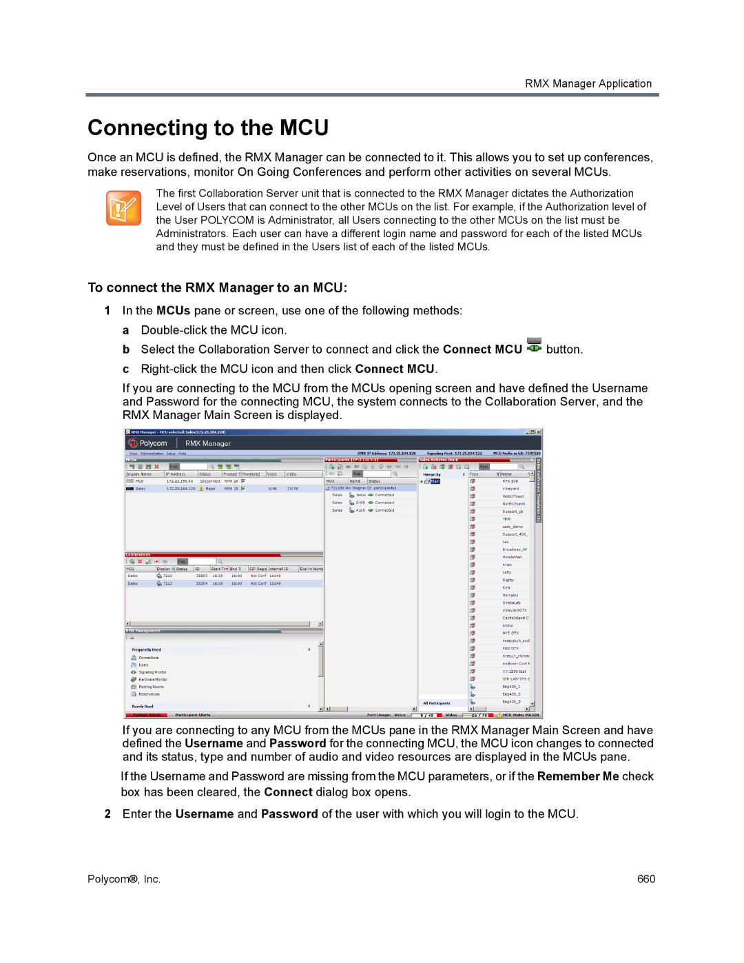 Polycom 1500/1800/2000/4000 manual Connecting to the MCU, To connect the RMX Manager to an MCU 