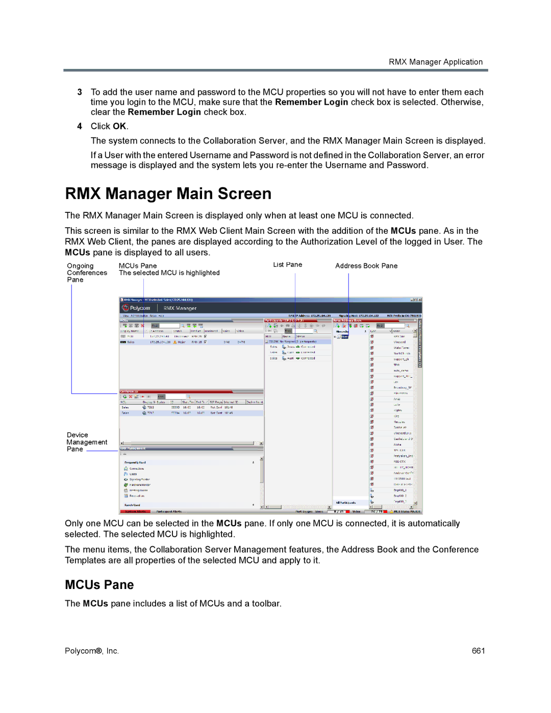 Polycom 1500/1800/2000/4000 manual RMX Manager Main Screen, MCUs Pane, MCUs pane includes a list of MCUs and a toolbar 