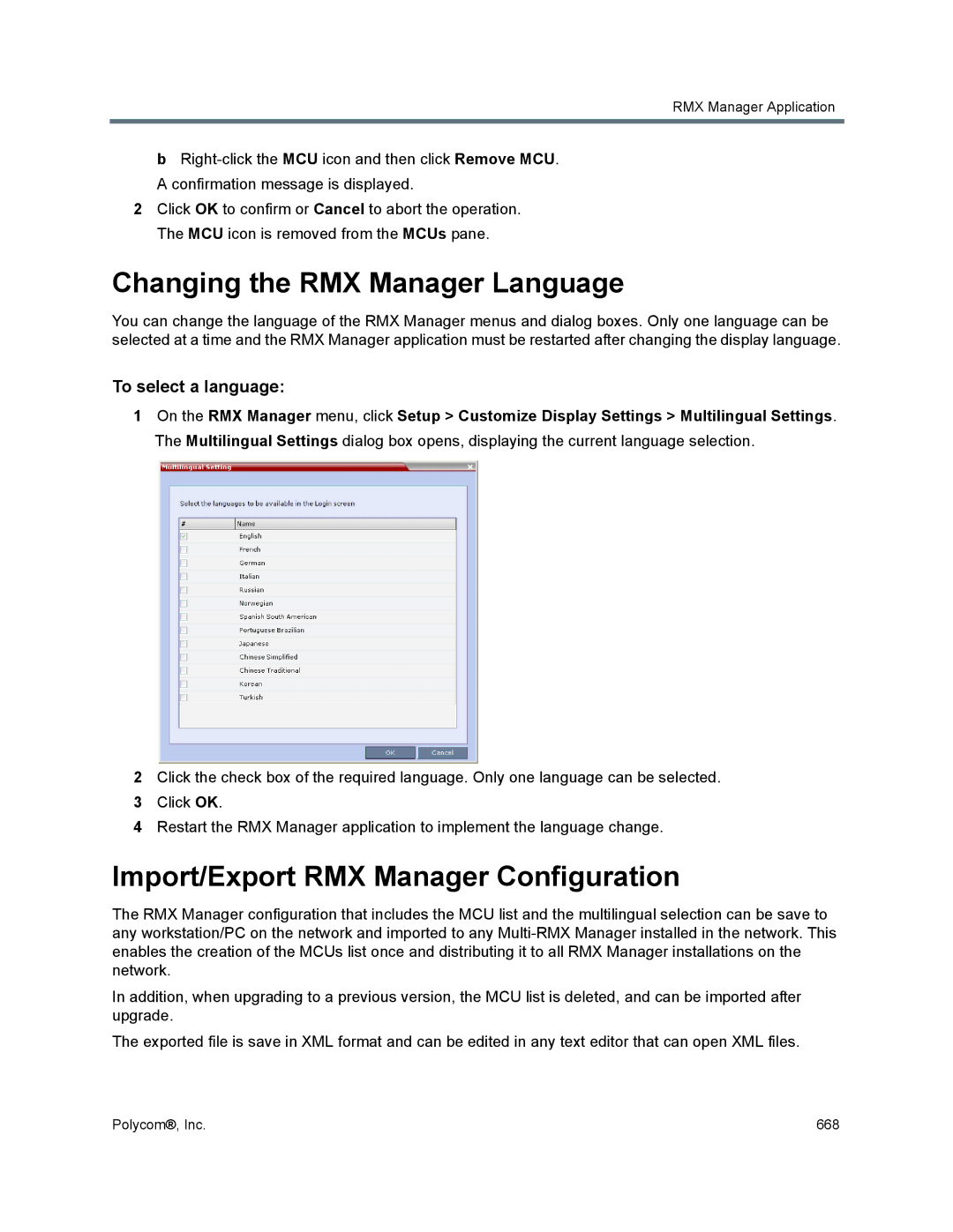 Polycom 1500/1800/2000/4000 manual Changing the RMX Manager Language, Import/Export RMX Manager Configuration 