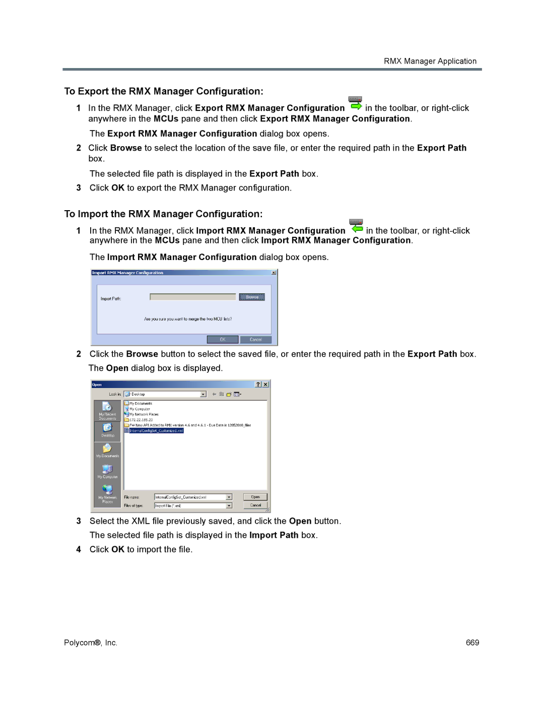 Polycom 1500/1800/2000/4000 manual To Export the RMX Manager Configuration, To Import the RMX Manager Configuration 