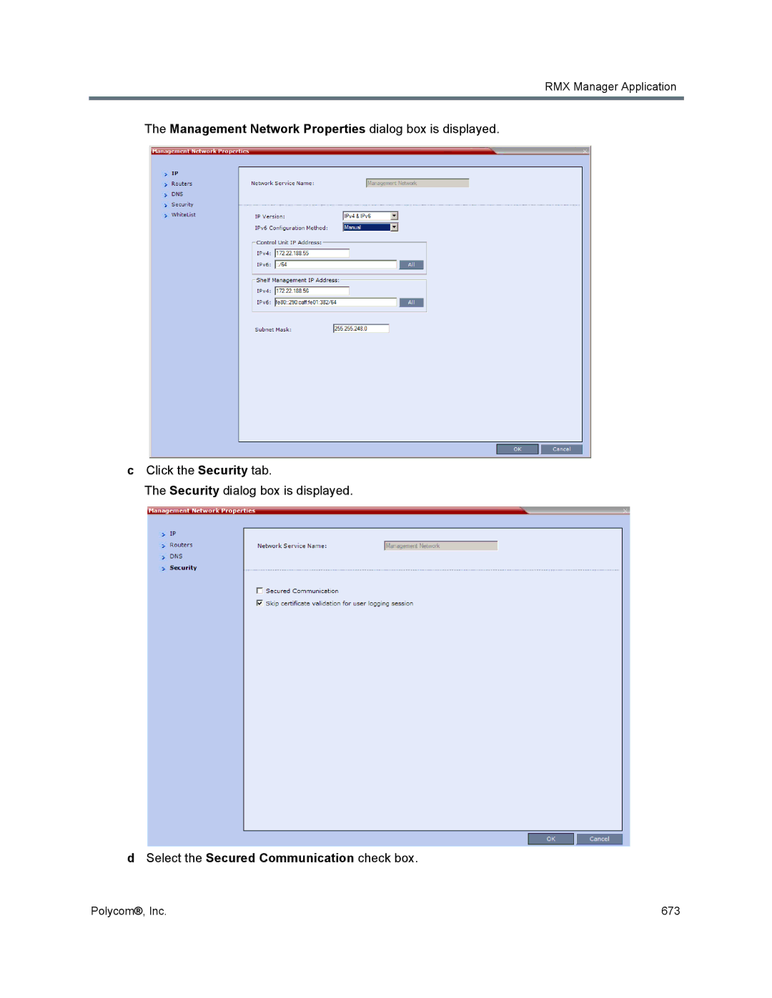 Polycom 1500/1800/2000/4000 manual Management Network Properties dialog box is displayed 