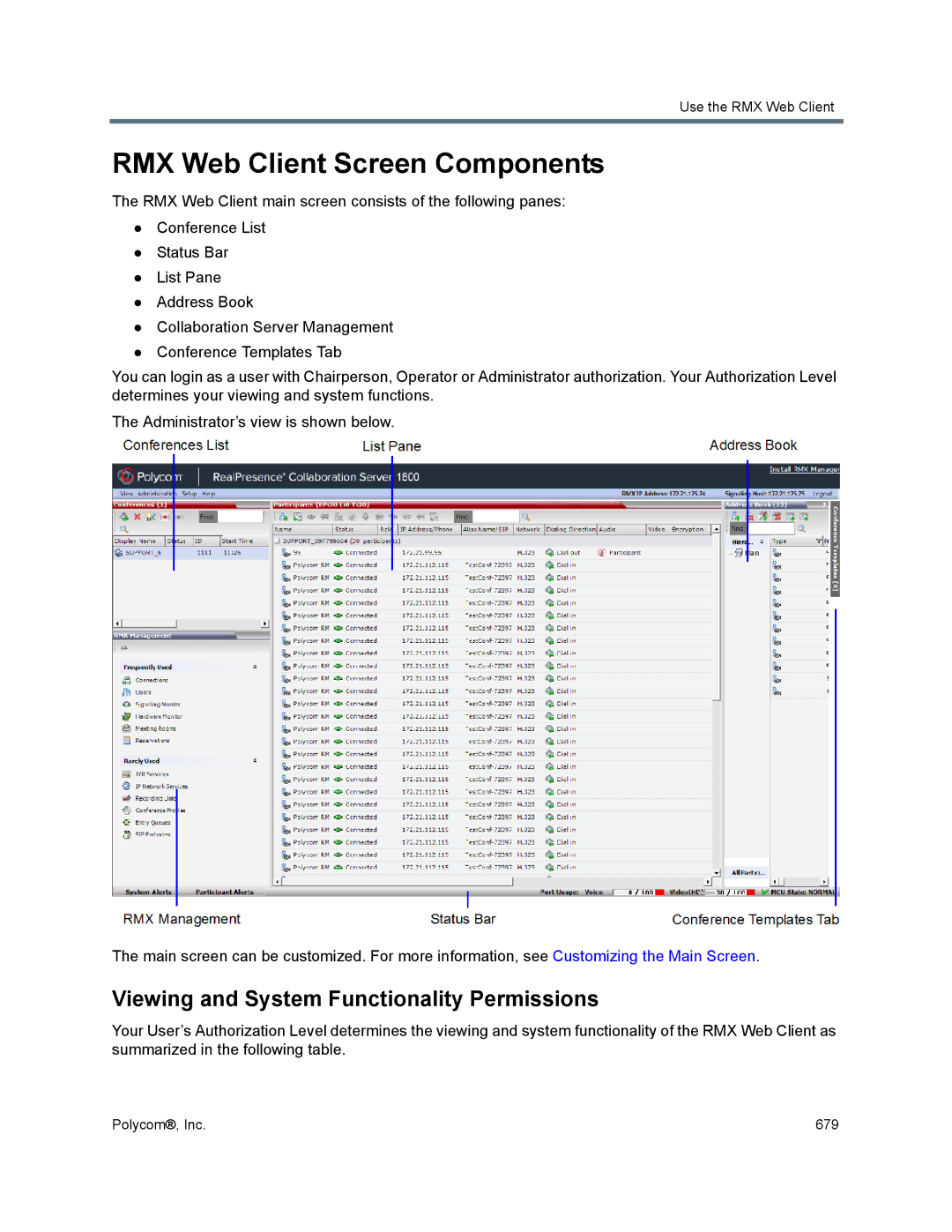 Polycom 1500/1800/2000/4000 manual RMX Web Client Screen Components, Viewing and System Functionality Permissions 