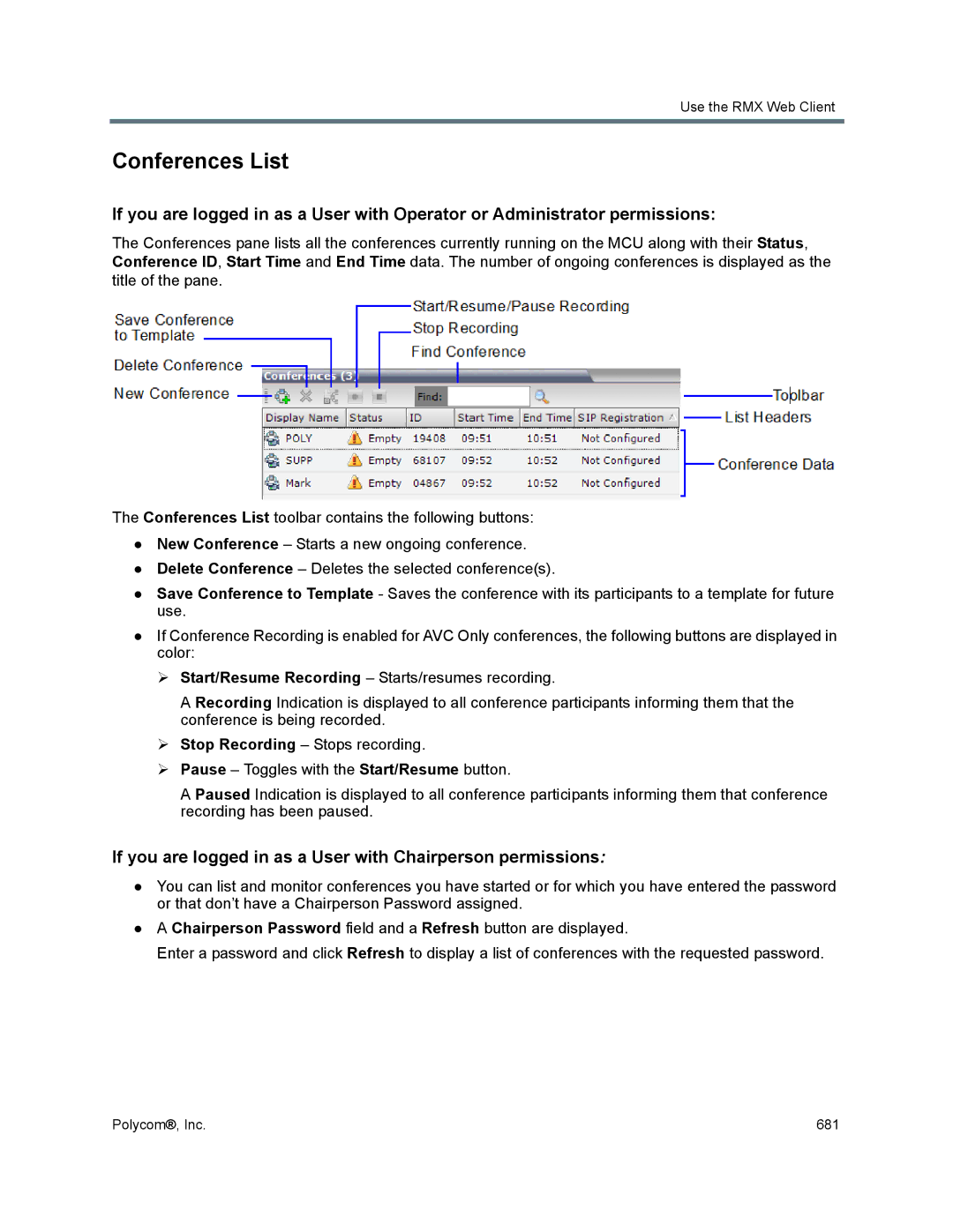 Polycom 1500/1800/2000/4000 manual Conferences List, If you are logged in as a User with Chairperson permissions 