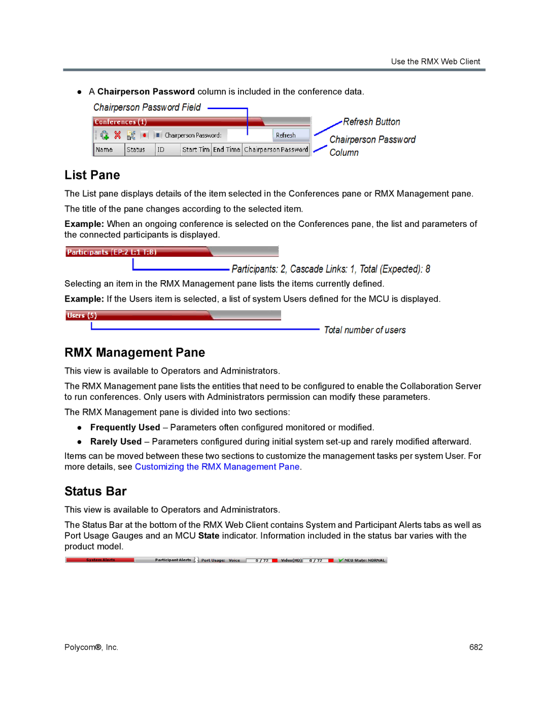 Polycom 1500/1800/2000/4000 manual List Pane, RMX Management Pane, Status Bar 