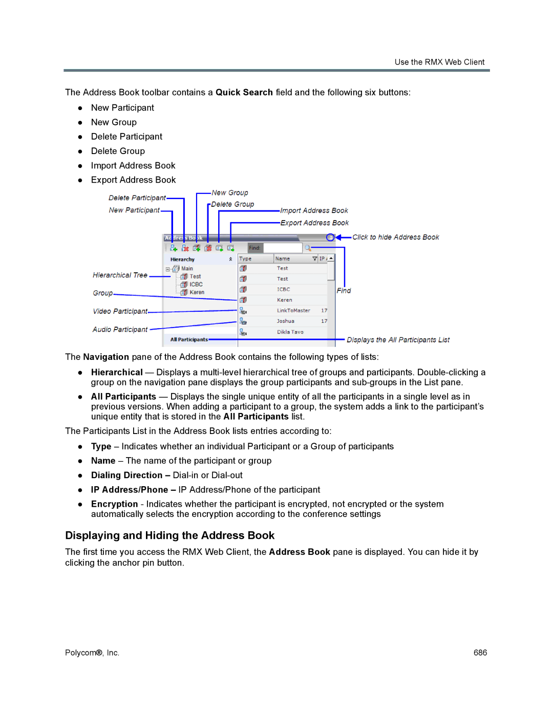 Polycom 1500/1800/2000/4000 manual Displaying and Hiding the Address Book, Dialing Direction Dial-in or Dial-out 