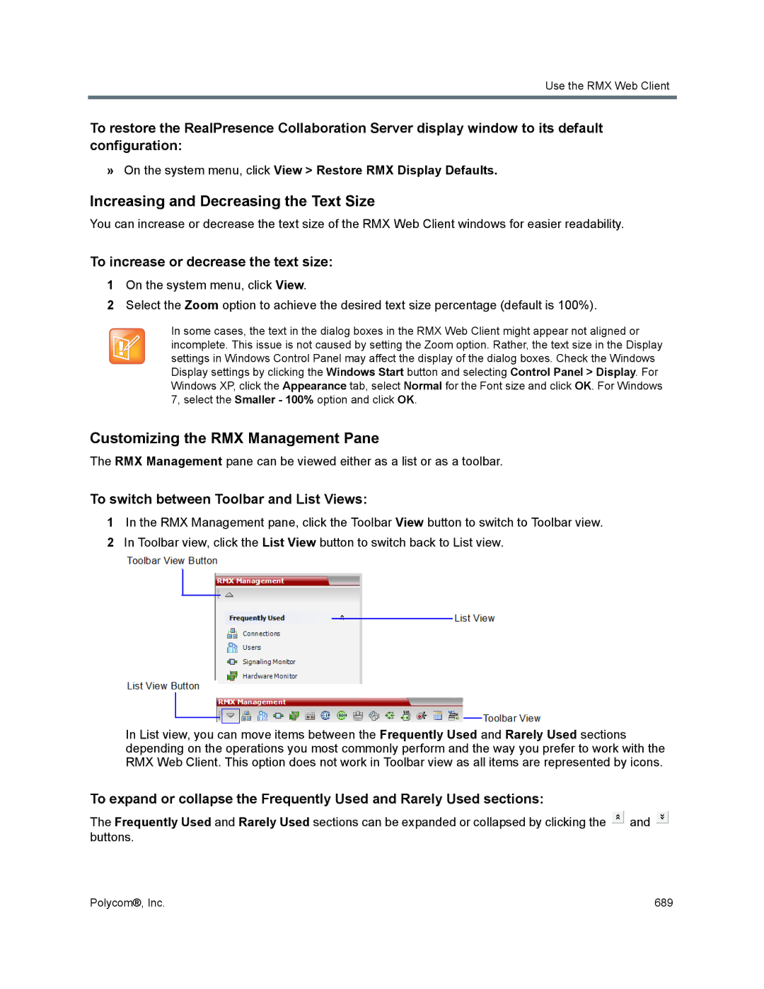 Polycom 1500/1800/2000/4000 manual Increasing and Decreasing the Text Size, Customizing the RMX Management Pane 