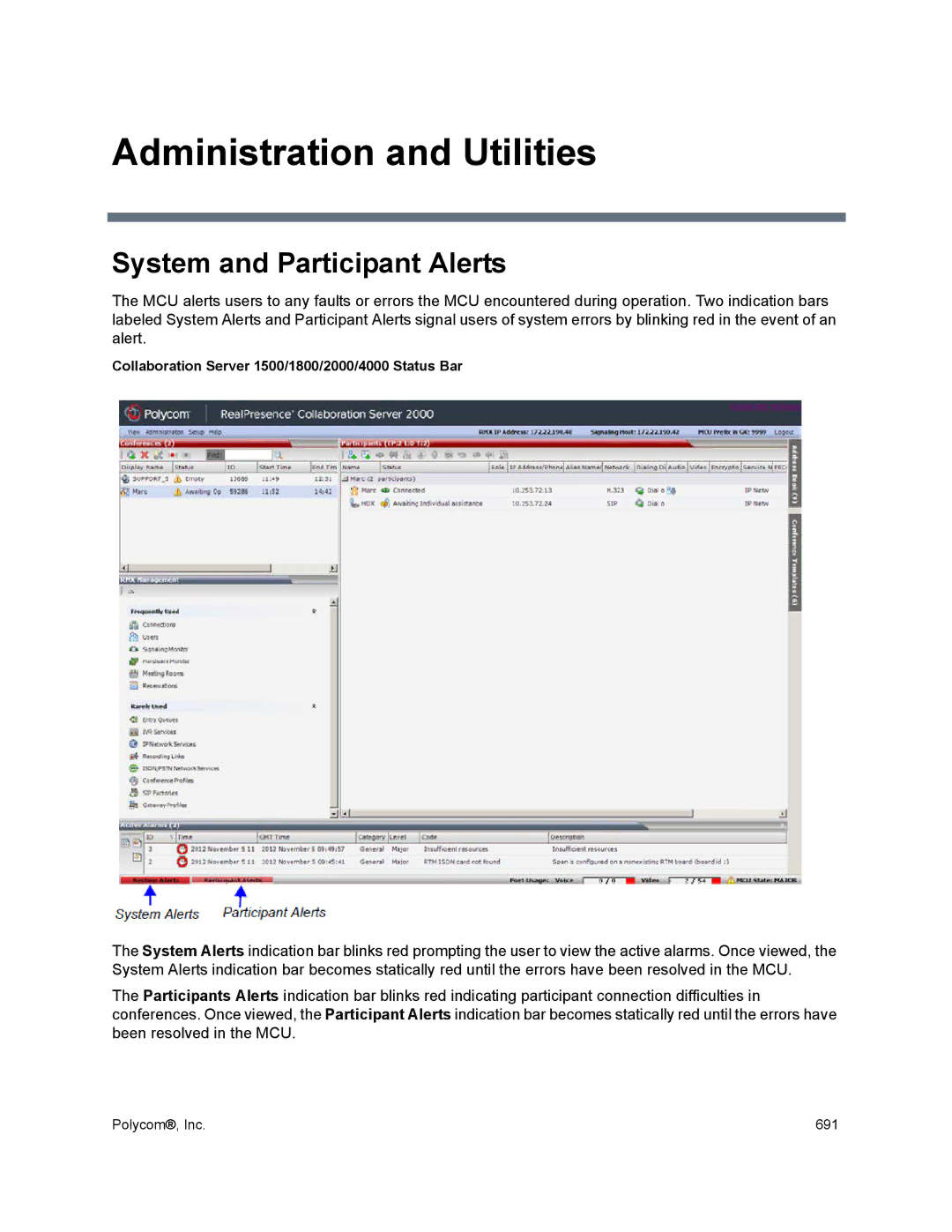 Polycom 1500/1800/2000/4000 manual Administration and Utilities, System and Participant Alerts 