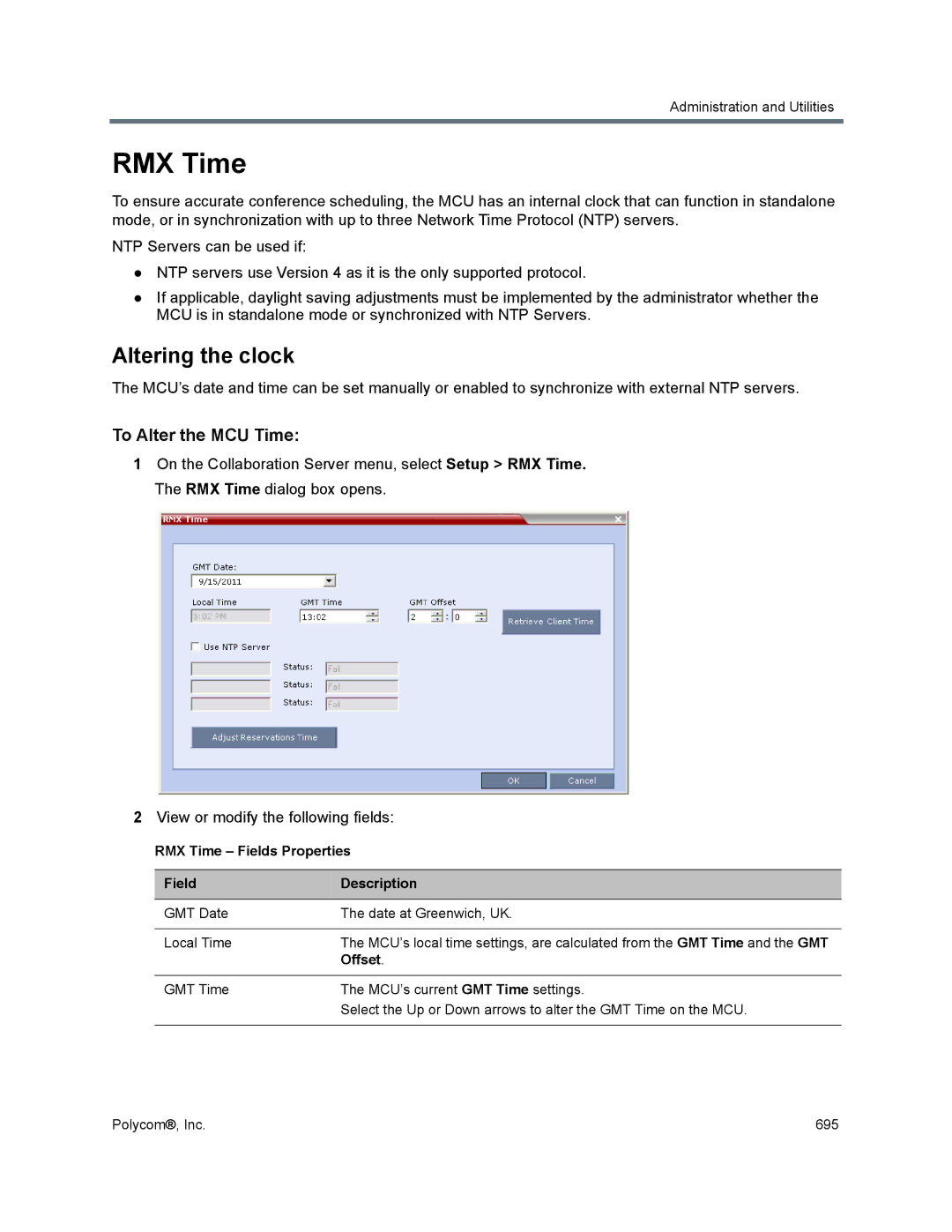 Polycom 1500/1800/2000/4000 Altering the clock, To Alter the MCU Time, RMX Time Fields Properties Description, Offset 