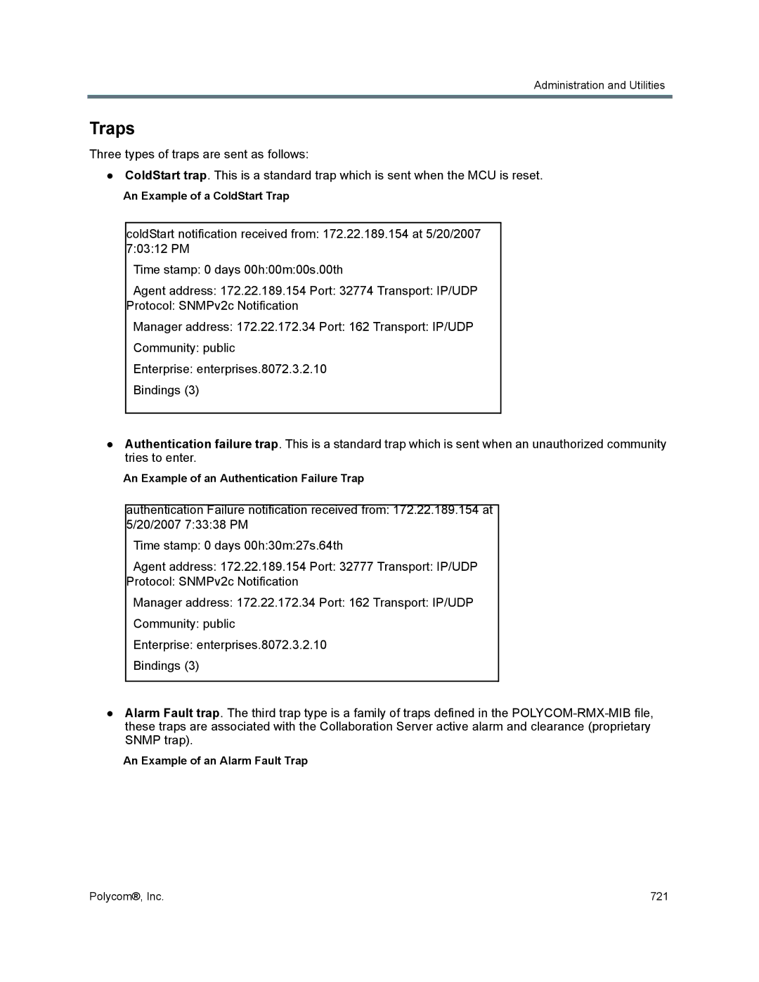 Polycom 1500/1800/2000/4000 manual An Example of a ColdStart Trap, An Example of an Authentication Failure Trap 