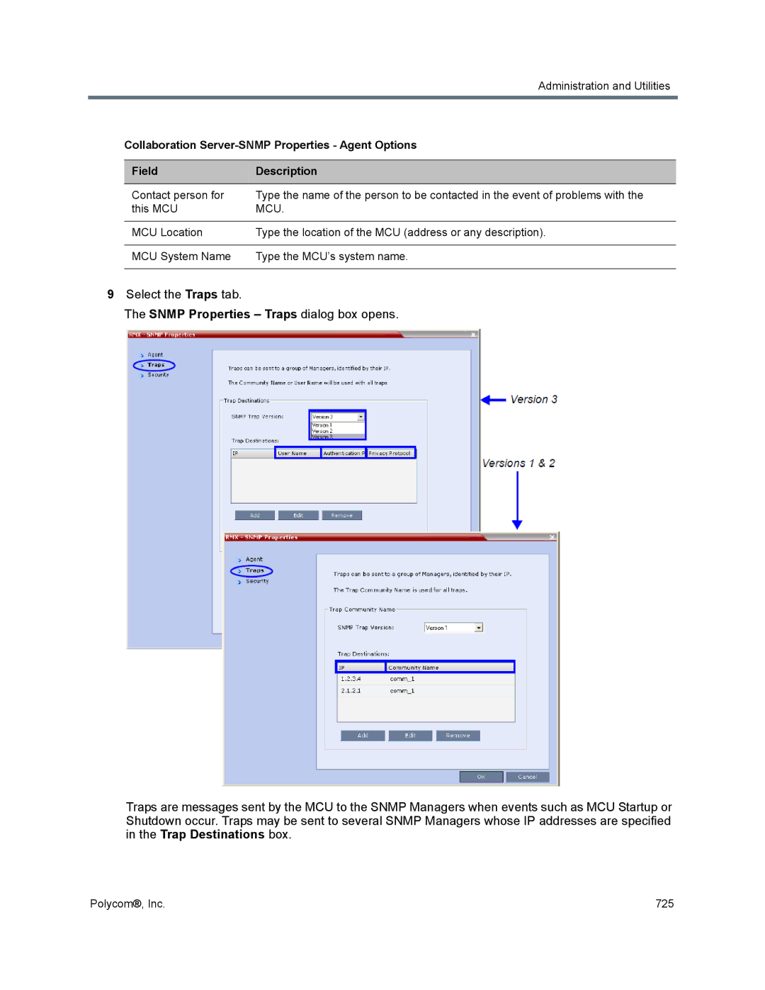 Polycom 1500/1800/2000/4000 manual Select the Traps tab, Snmp Properties Traps dialog box opens 