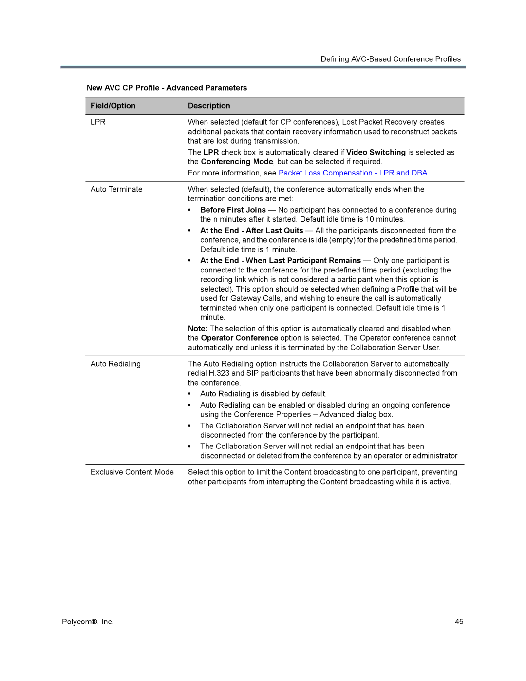 Polycom 1500/1800/2000/4000 manual New AVC CP Profile Advanced Parameters, Field/Option Description 