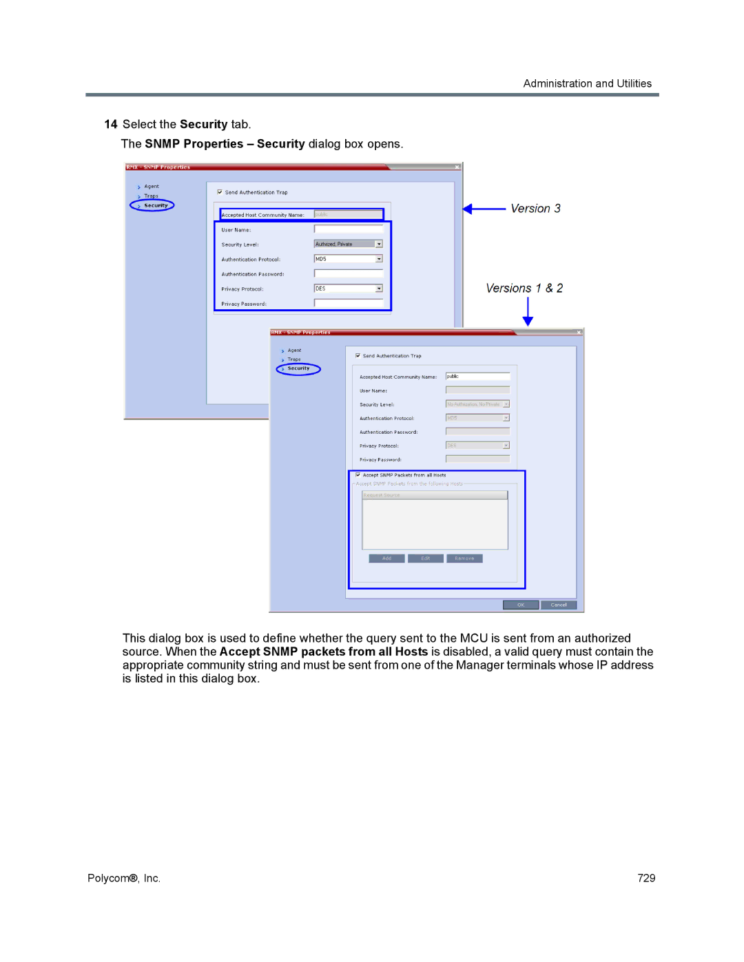 Polycom 1500/1800/2000/4000 manual Select the Security tab, Snmp Properties Security dialog box opens 