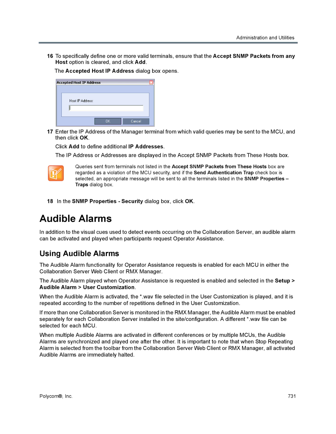 Polycom 1500/1800/2000/4000 manual Using Audible Alarms, Accepted Host IP Address dialog box opens 