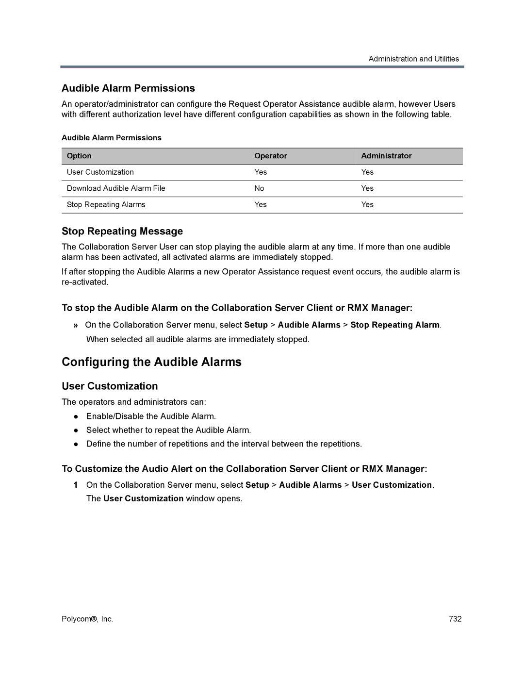 Polycom 1500/1800/2000/4000 manual Configuring the Audible Alarms, Audible Alarm Permissions, Stop Repeating Message 