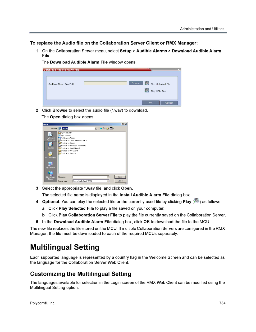 Polycom 1500/1800/2000/4000 manual Customizing the Multilingual Setting, Download Audible Alarm File window opens 