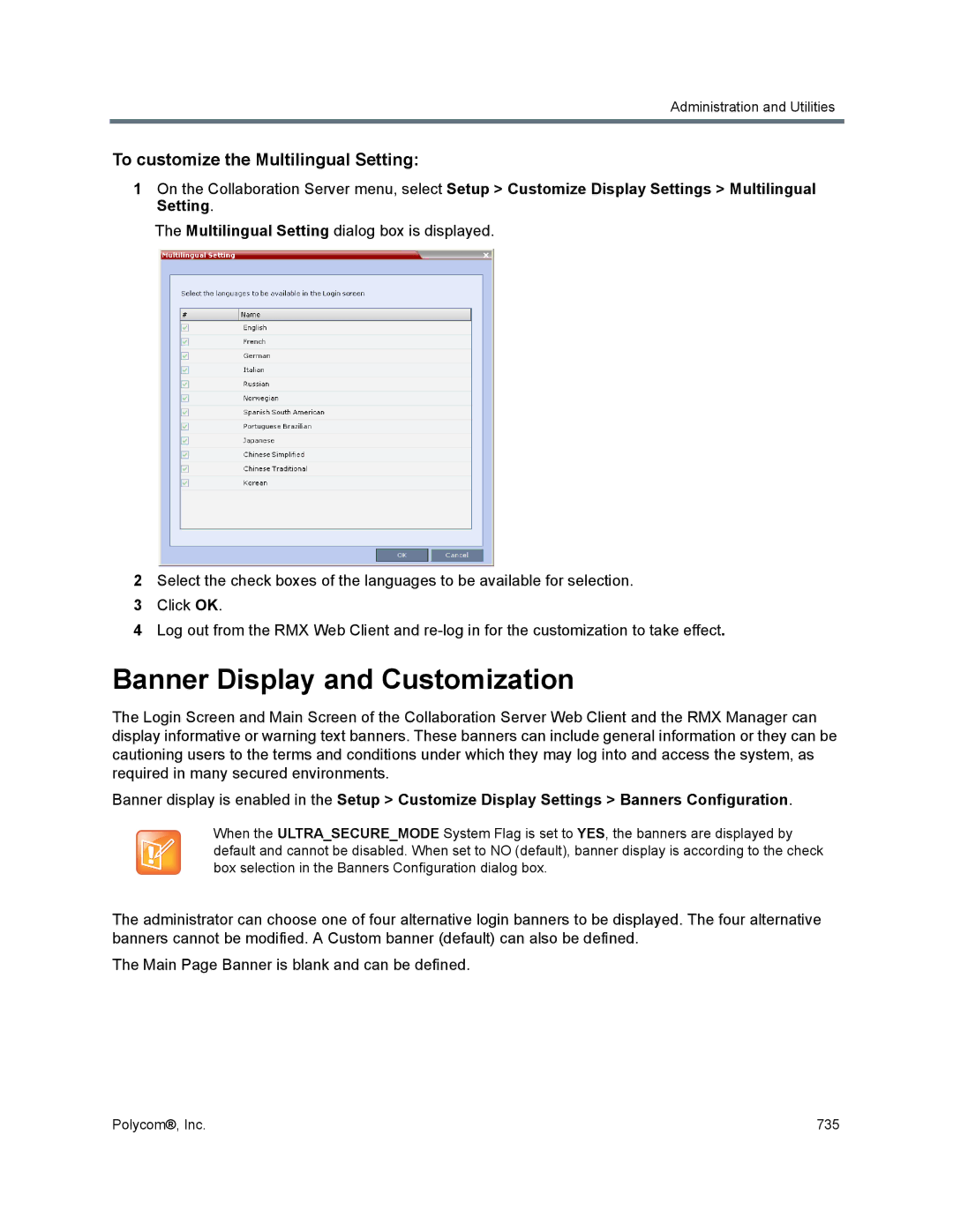 Polycom 1500/1800/2000/4000 manual Banner Display and Customization, To customize the Multilingual Setting 