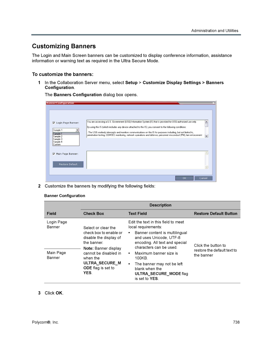 Polycom 1500/1800/2000/4000 manual Customizing Banners, To customize the banners, Banners Configuration dialog box opens 