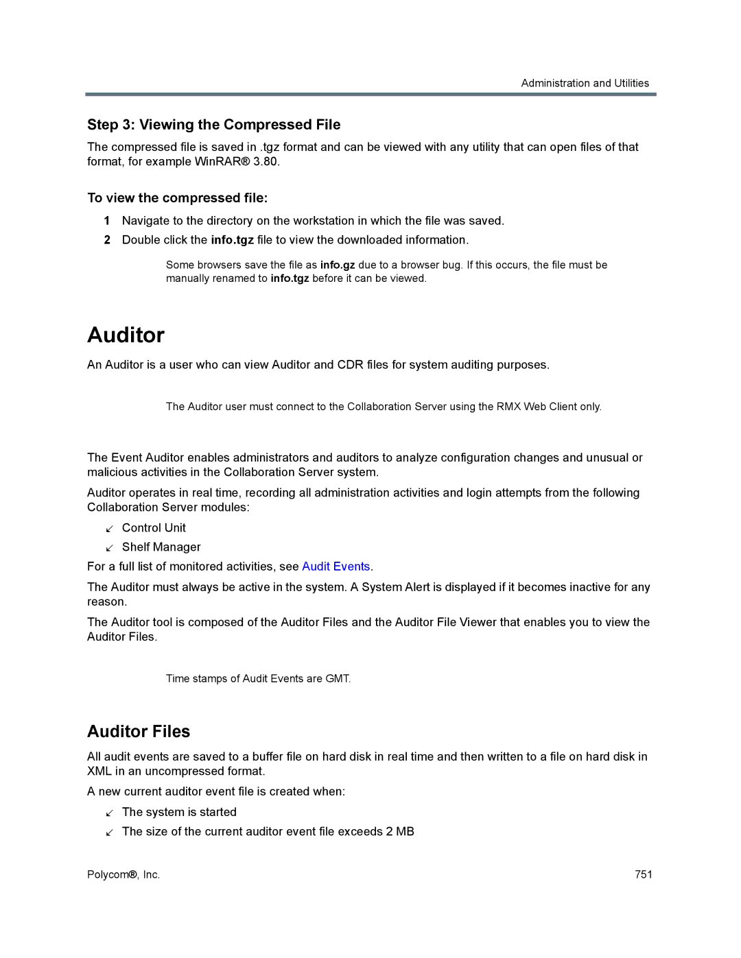 Polycom 1500/1800/2000/4000 manual Auditor Files, Viewing the Compressed File, To view the compressed file 