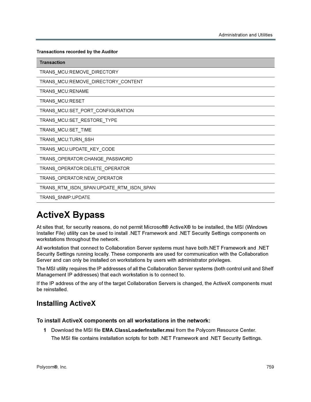 Polycom 1500/1800/2000/4000 manual ActiveX Bypass, Installing ActiveX 