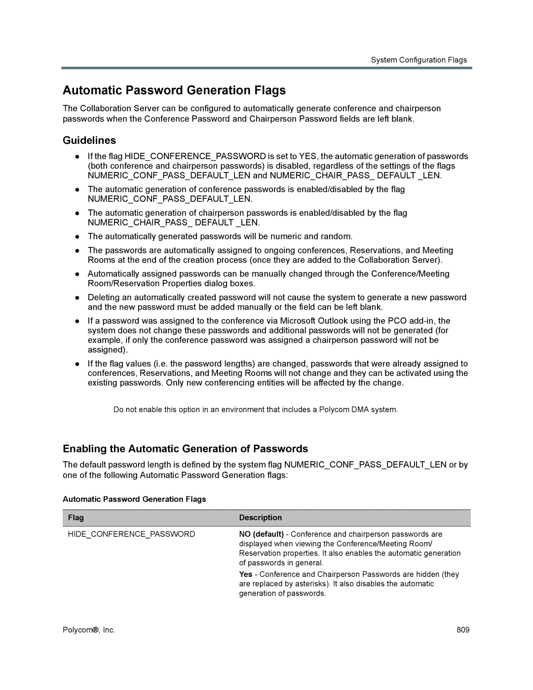 Polycom 1500/1800/2000/4000 manual Automatic Password Generation Flags, Enabling the Automatic Generation of Passwords 