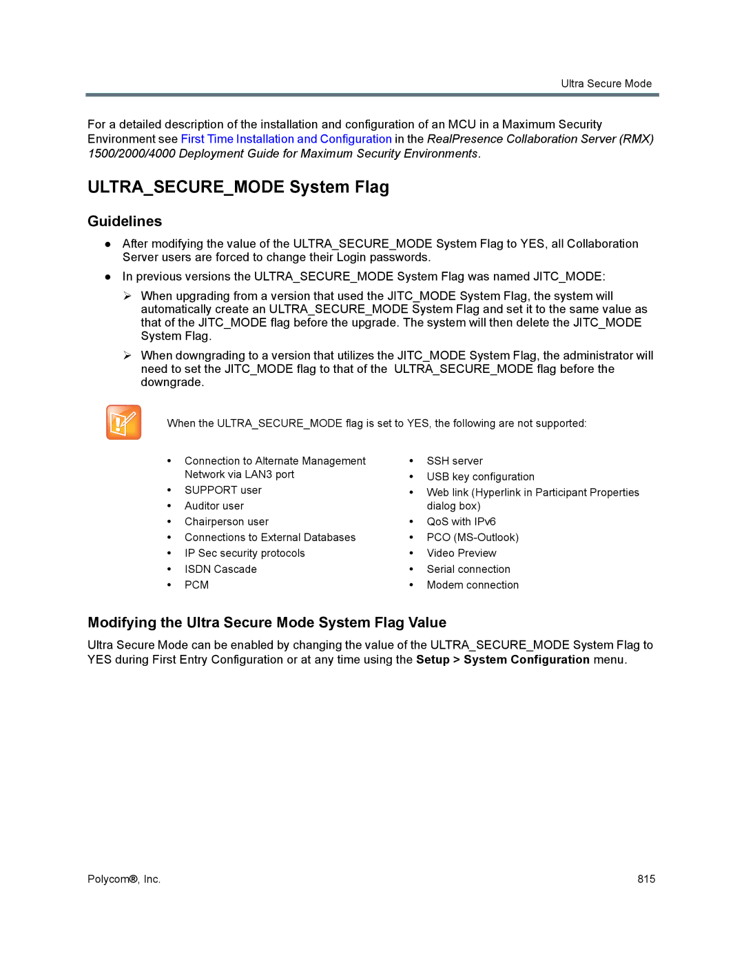 Polycom 1500/1800/2000/4000 manual Ultrasecuremode System Flag, Modifying the Ultra Secure Mode System Flag Value, Pcm 