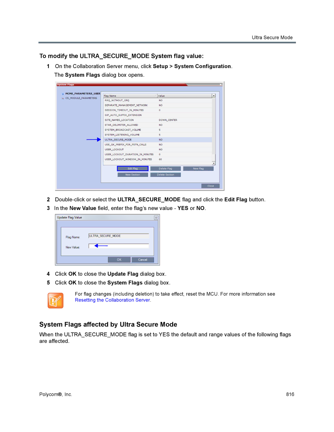 Polycom 1500/1800/2000/4000 System Flags affected by Ultra Secure Mode, To modify the Ultrasecuremode System flag value 