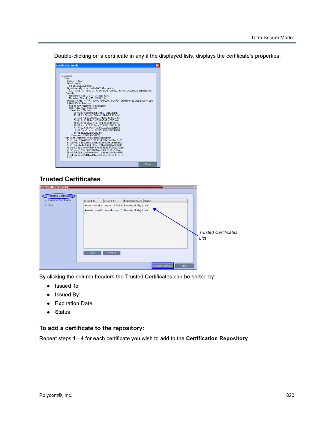 Polycom 1500/1800/2000/4000 manual Trusted Certificates, To add a certificate to the repository 