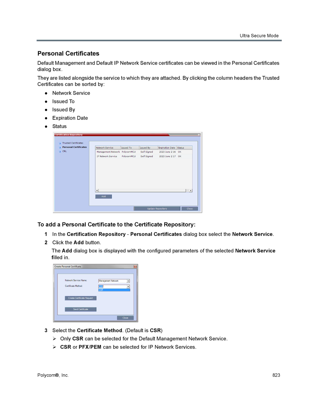 Polycom 1500/1800/2000/4000 manual Personal Certificates, To add a Personal Certificate to the Certificate Repository 