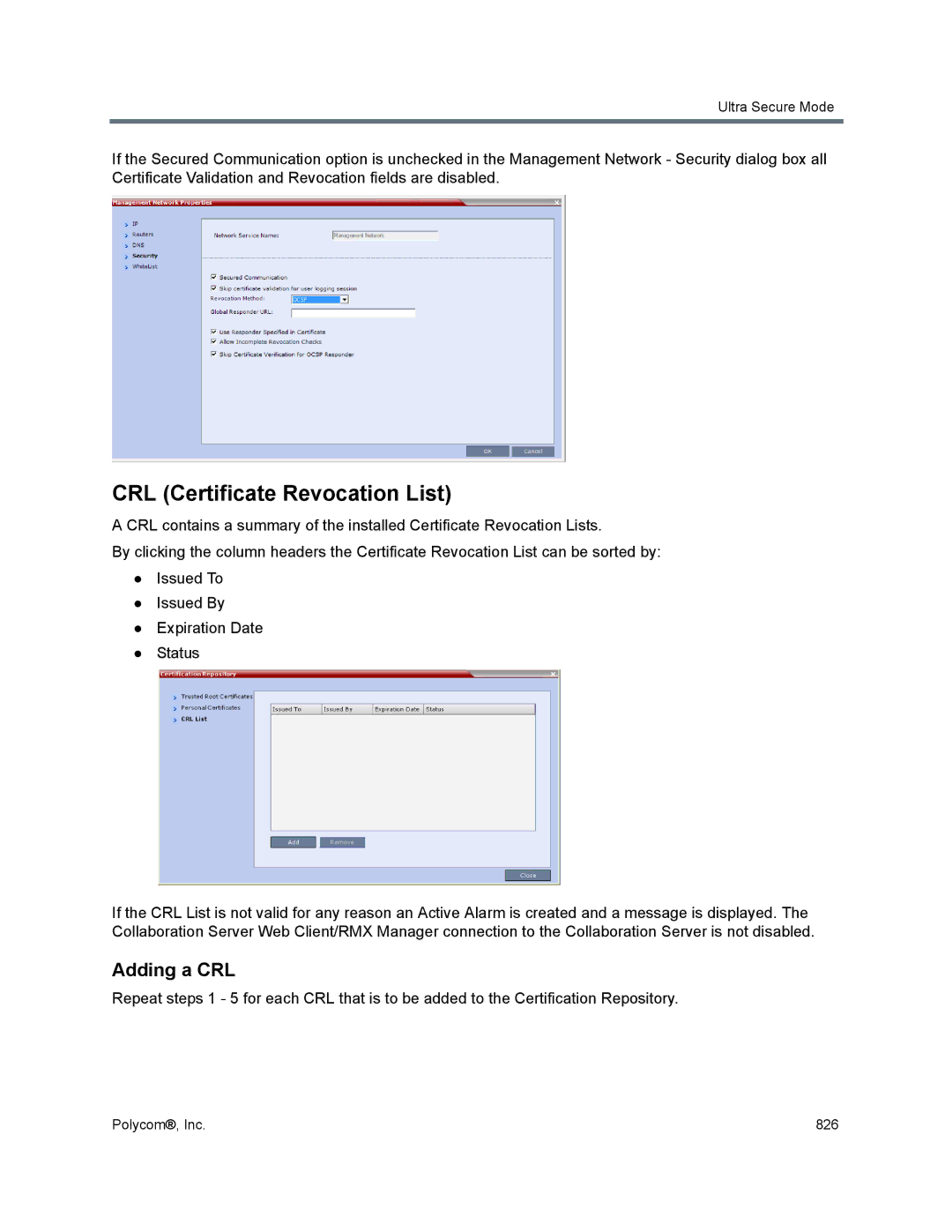 Polycom 1500/1800/2000/4000 manual CRL Certificate Revocation List, Adding a CRL 