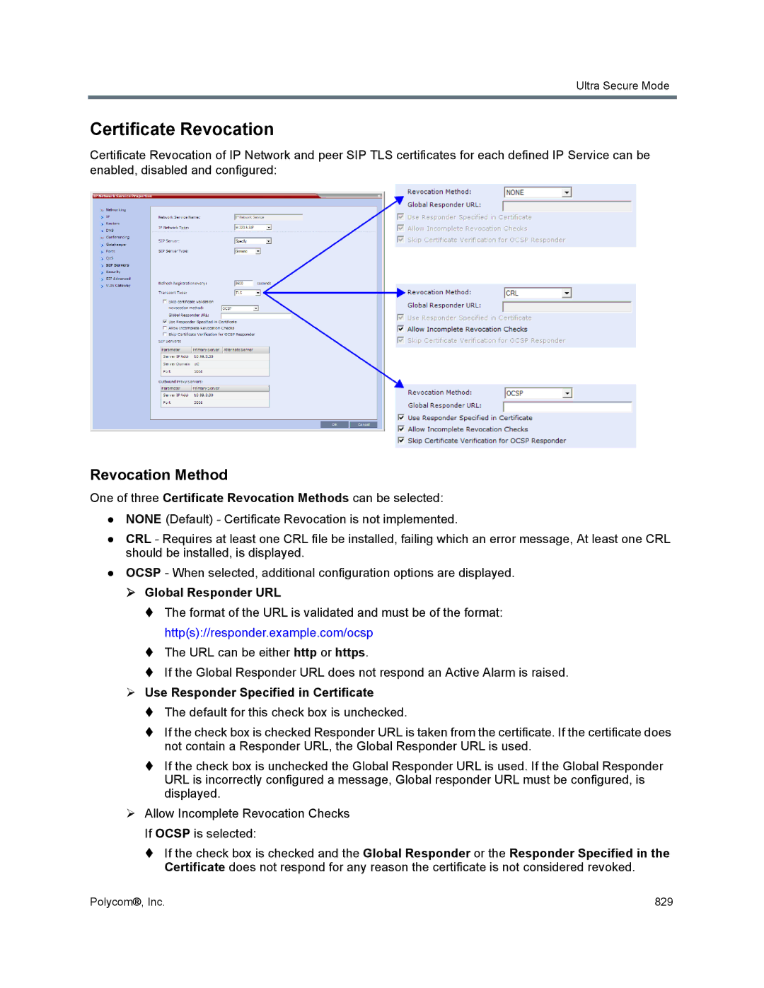 Polycom 1500/1800/2000/4000 manual Certificate Revocation, Revocation Method,  Global Responder URL 