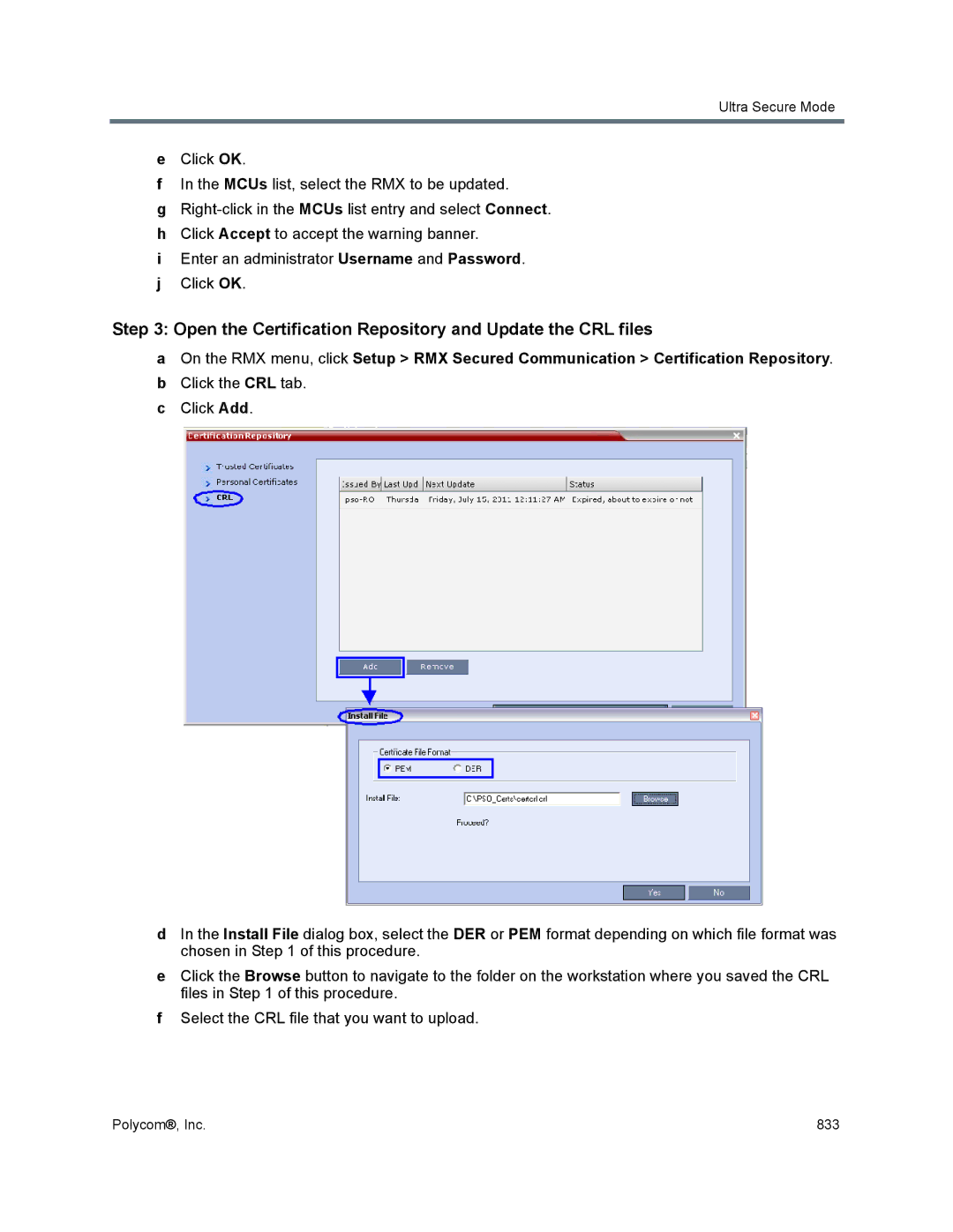 Polycom 1500/1800/2000/4000 manual Open the Certification Repository and Update the CRL files 