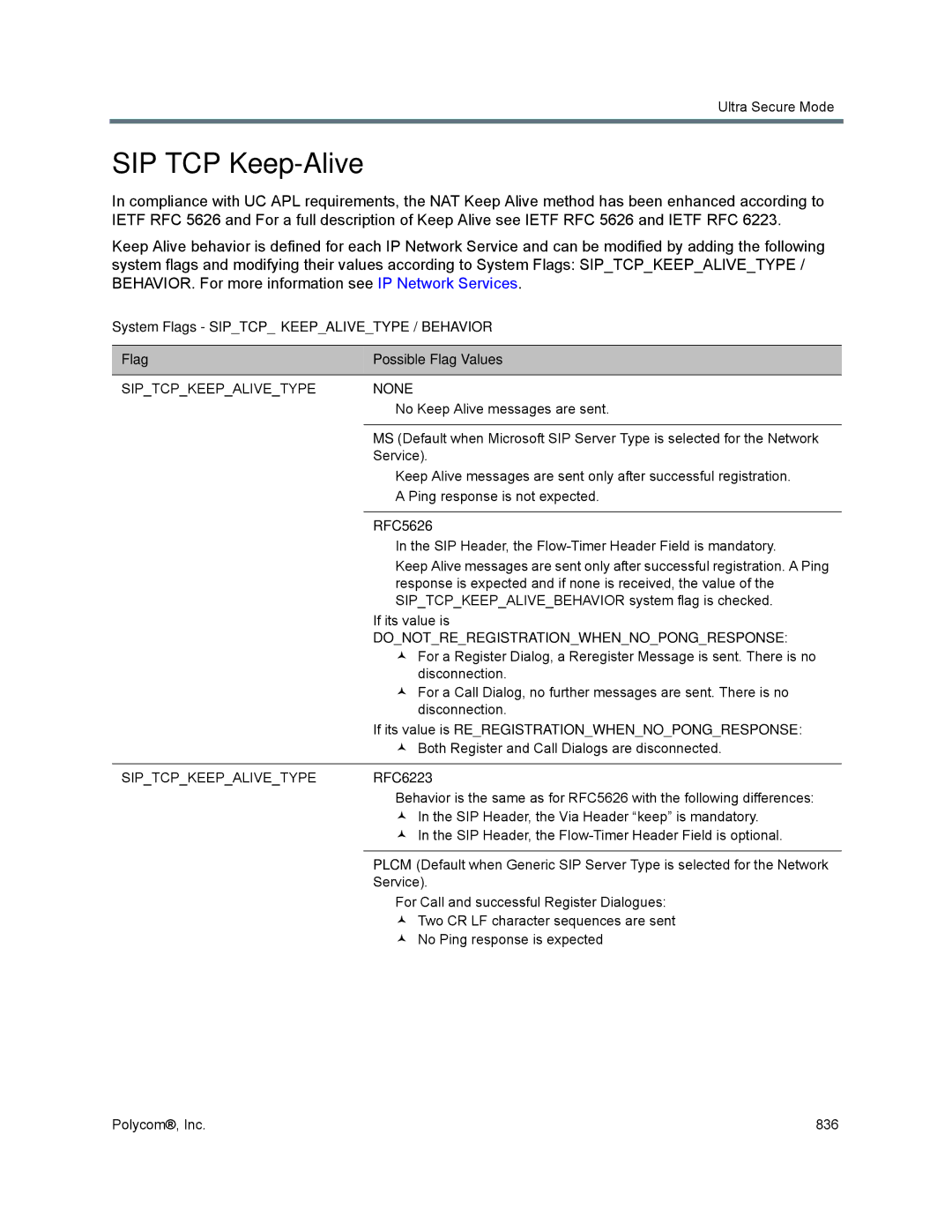 Polycom 1500/1800/2000/4000 manual SIP TCP Keep-Alive, Siptcpkeepalivetype None, RFC5626, Siptcpkeepalivetype RFC6223 